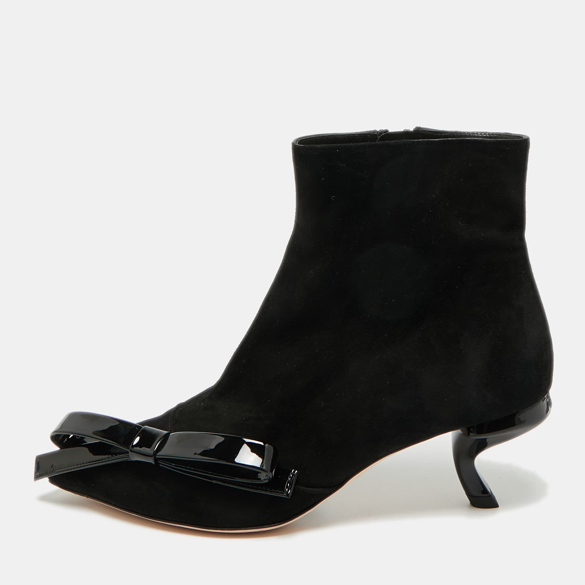 Roger Vivier Bow Size 36 Black Suede Pointed Toe Ankle Length Boots