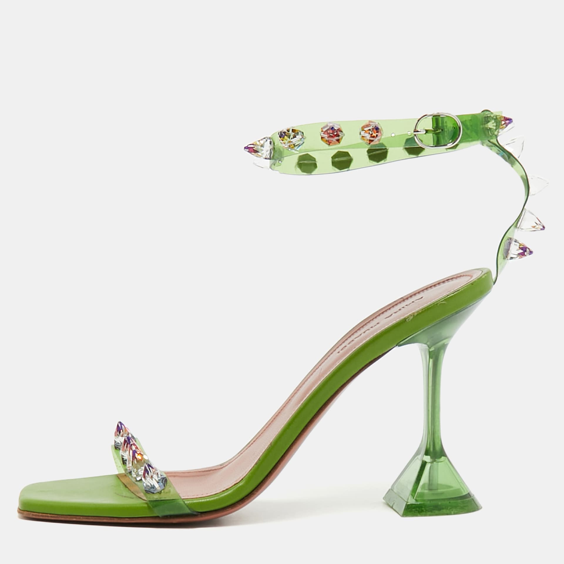 Amina Muaddi Julia Studded Size 37 Green PVC Ankle Strap Sandals