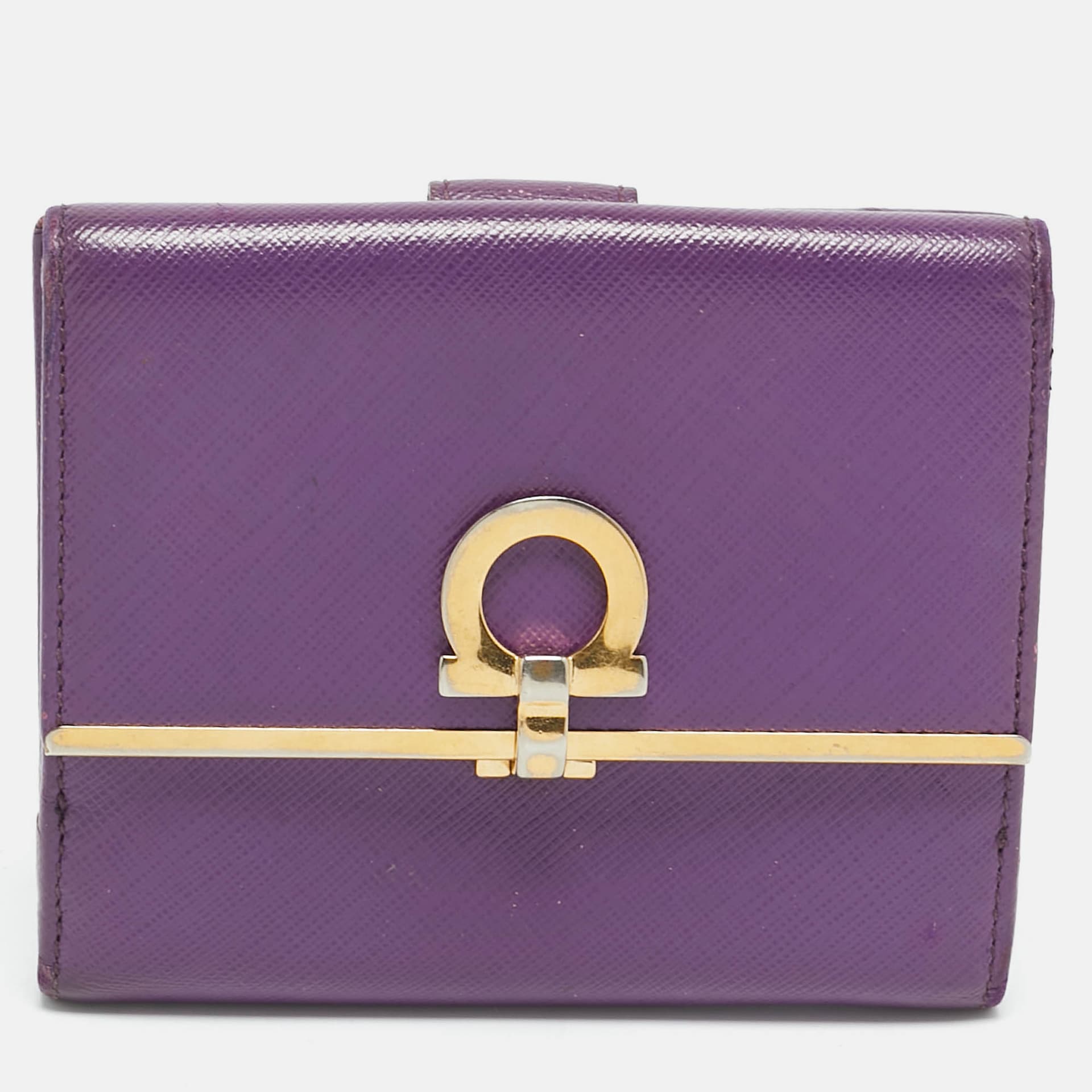 Salvatore Ferragamo Gancini Flap Purple Leather French Wallet