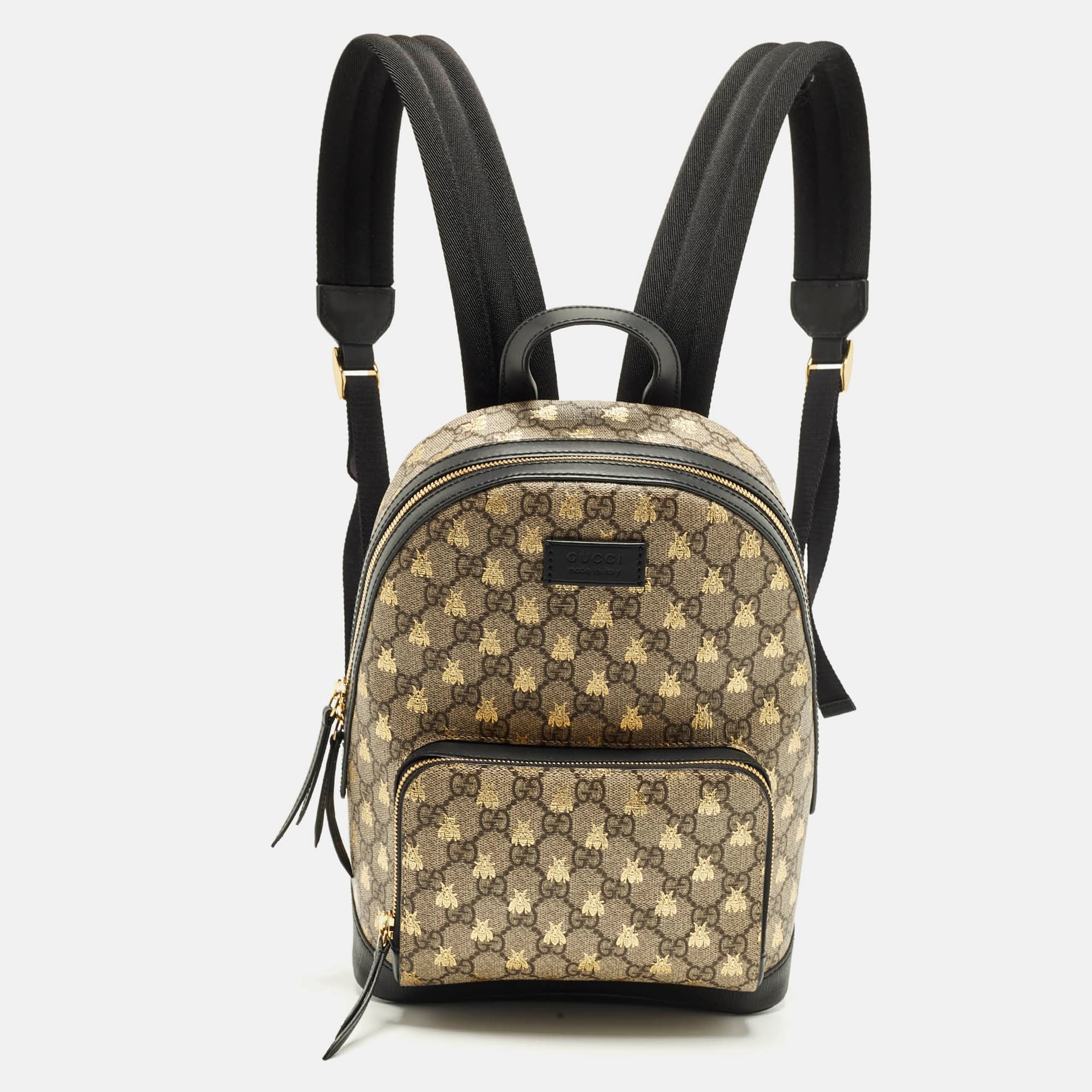 Gucci Day Bees Small Black/Beige GG Supreme Canvas and Leather Backpack