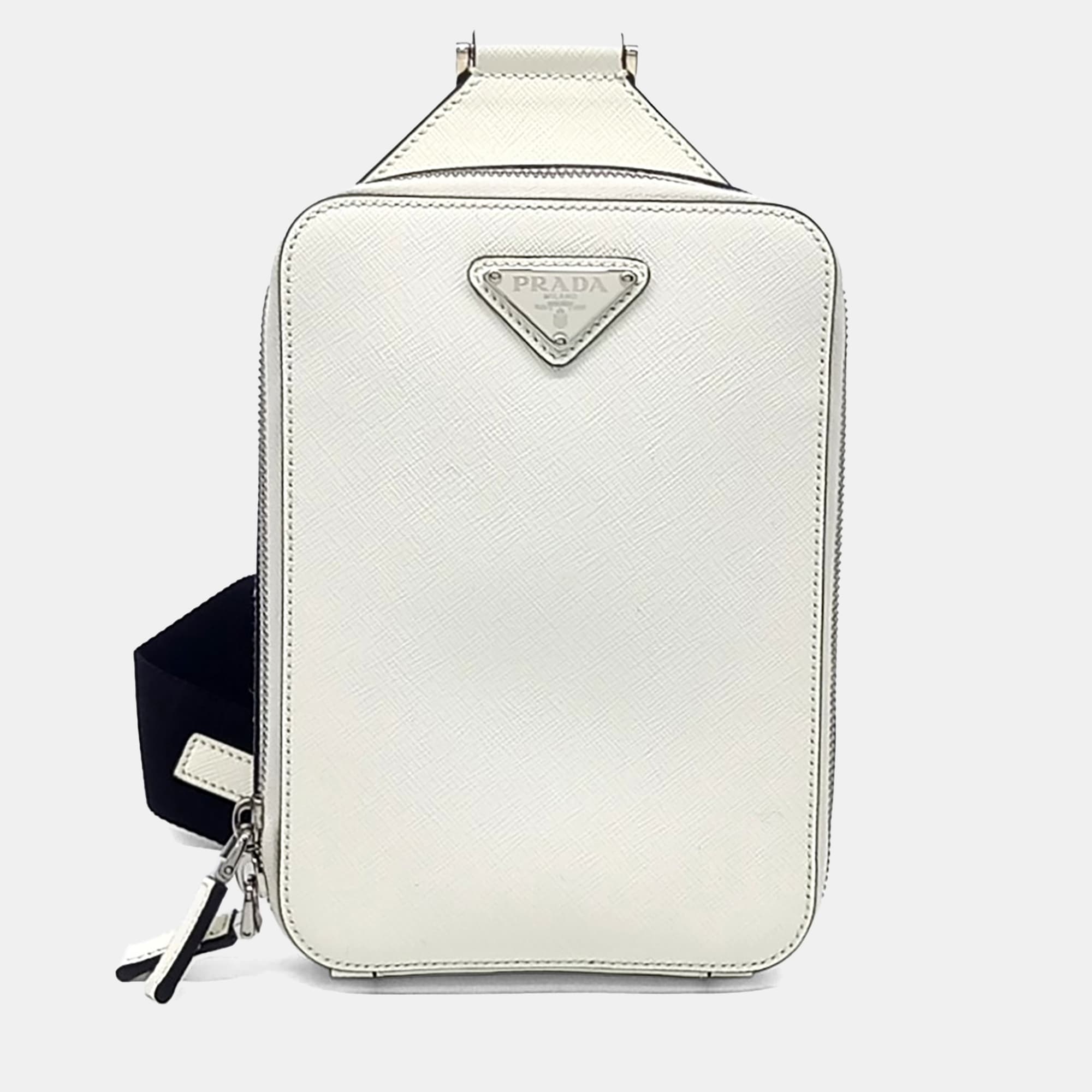 Prada White Leather Saffiano Hip Bag