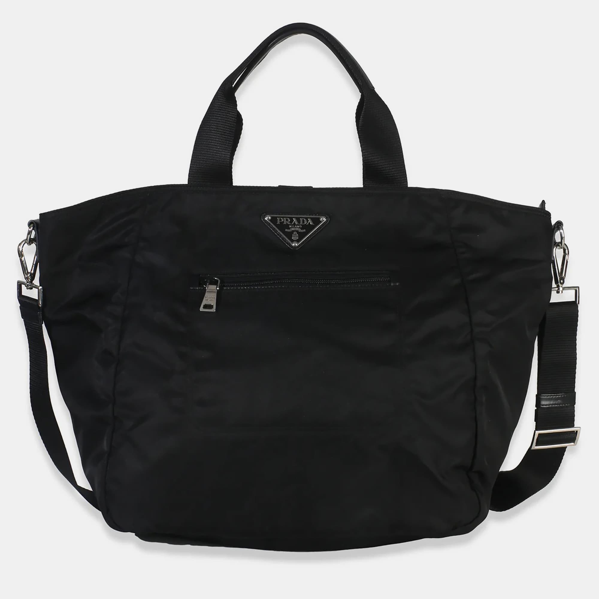 Prada Black Tessuto Saffiano Leather Large Weekender Tote