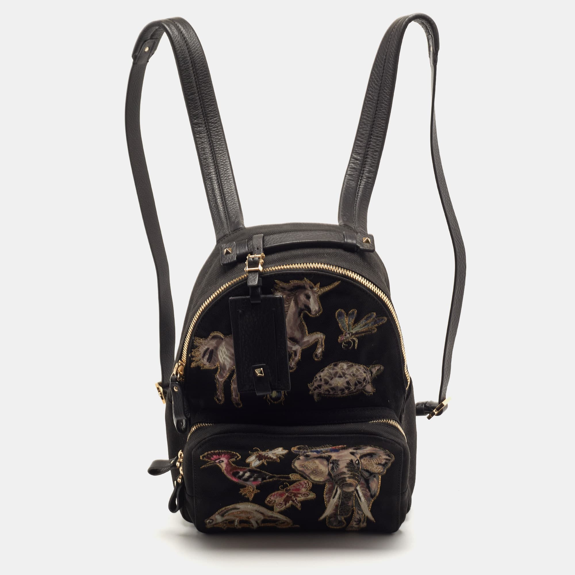 Valentino Fantastic Animal Embroidered Black Canvas Backpack