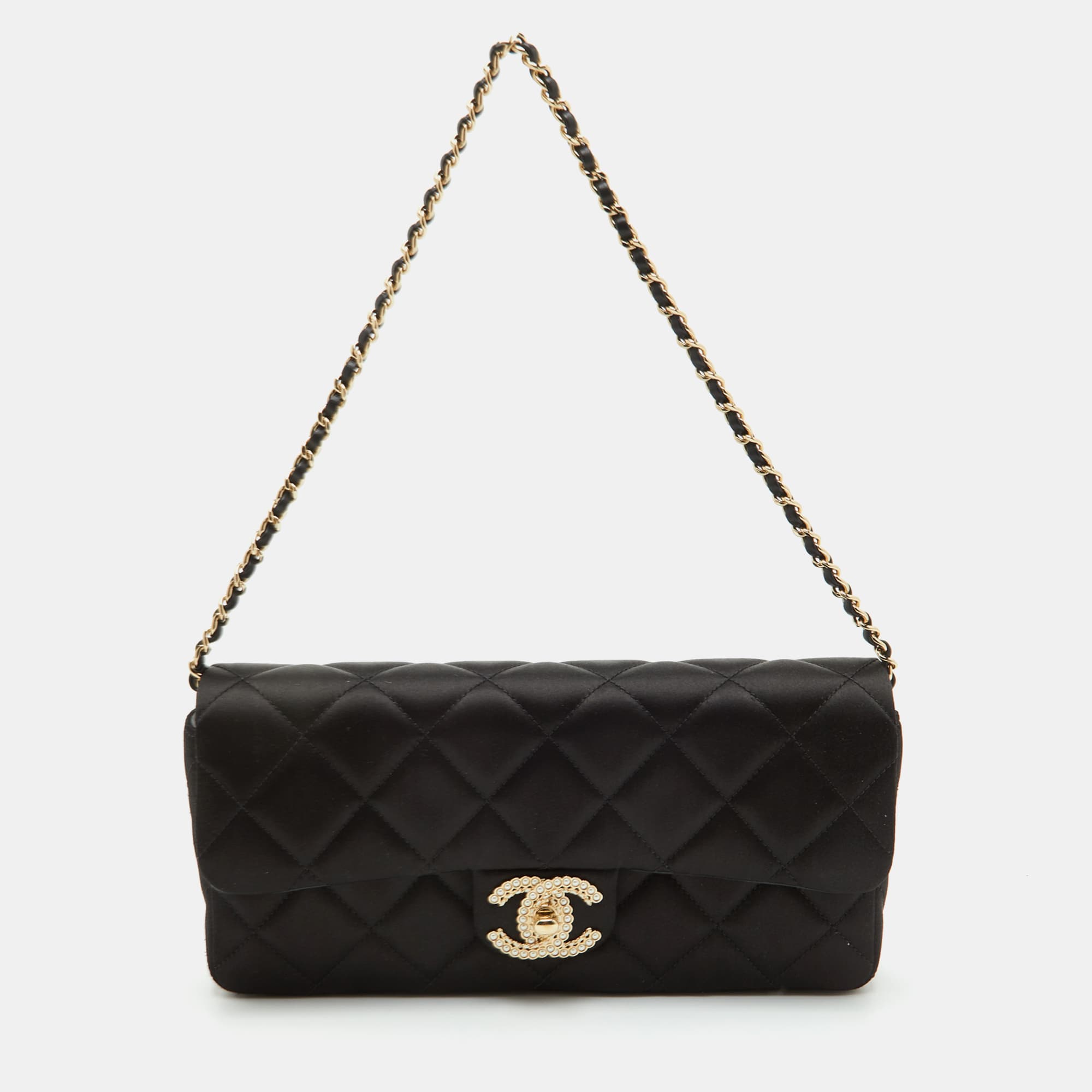 Chanel Classic Black Quilted Satin CC Pearl Clutch with Chain