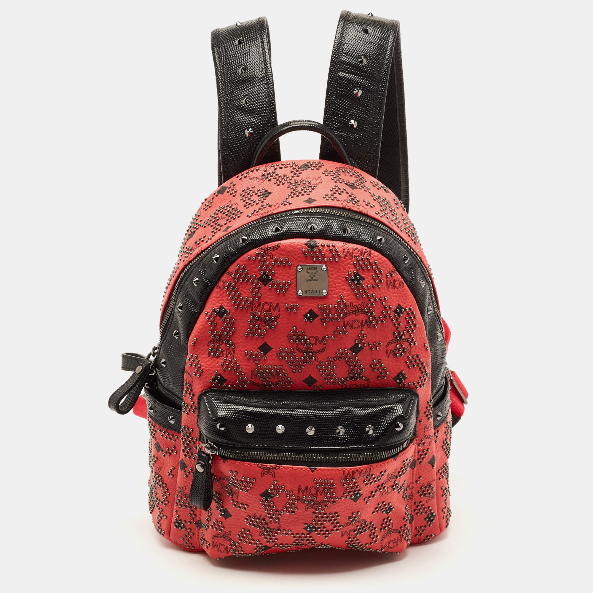 MCM Stark Red Stud Embellished Coated Canvas and Leather Backpack