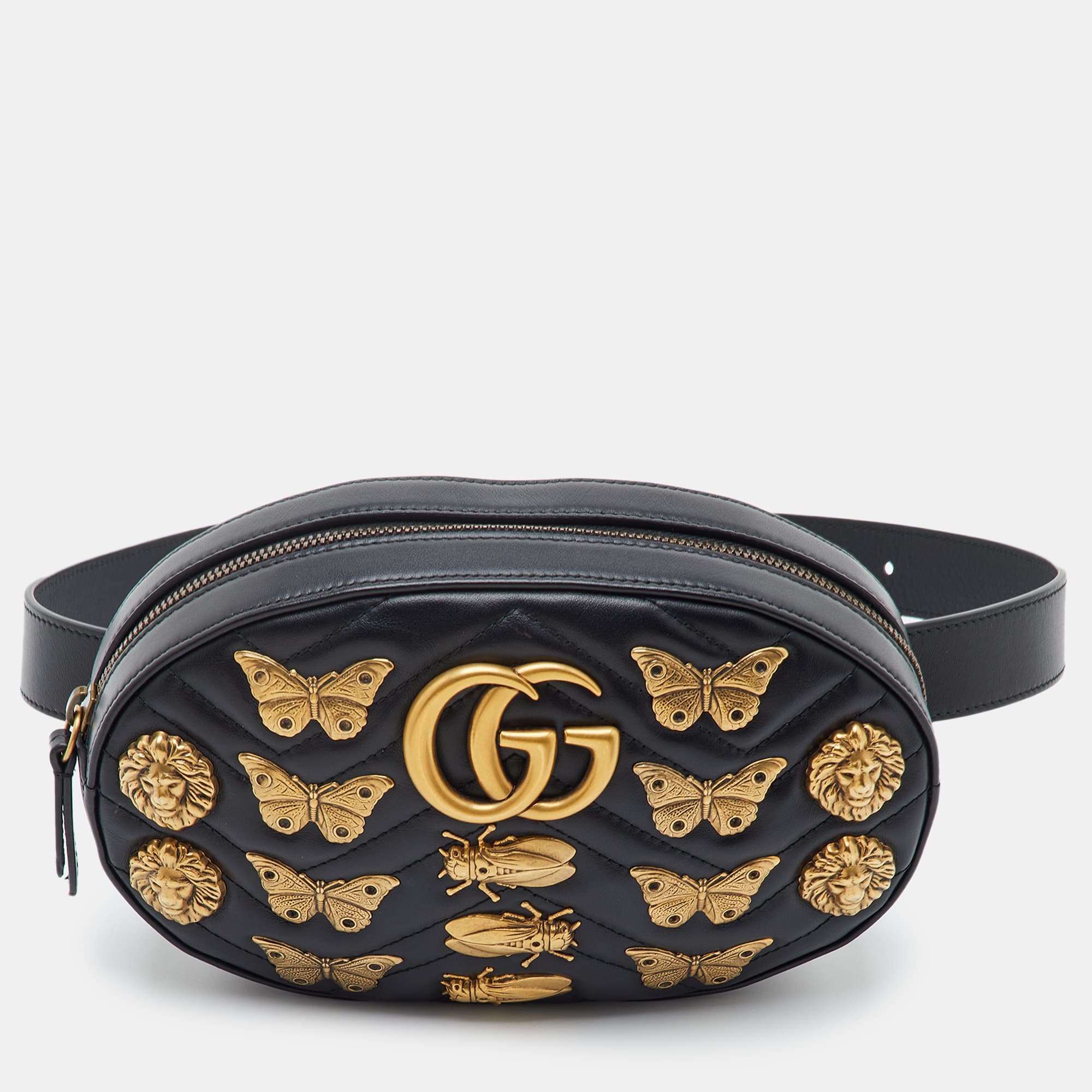 Gucci GG Marmont Black Leather Animal Stud Belt Bag