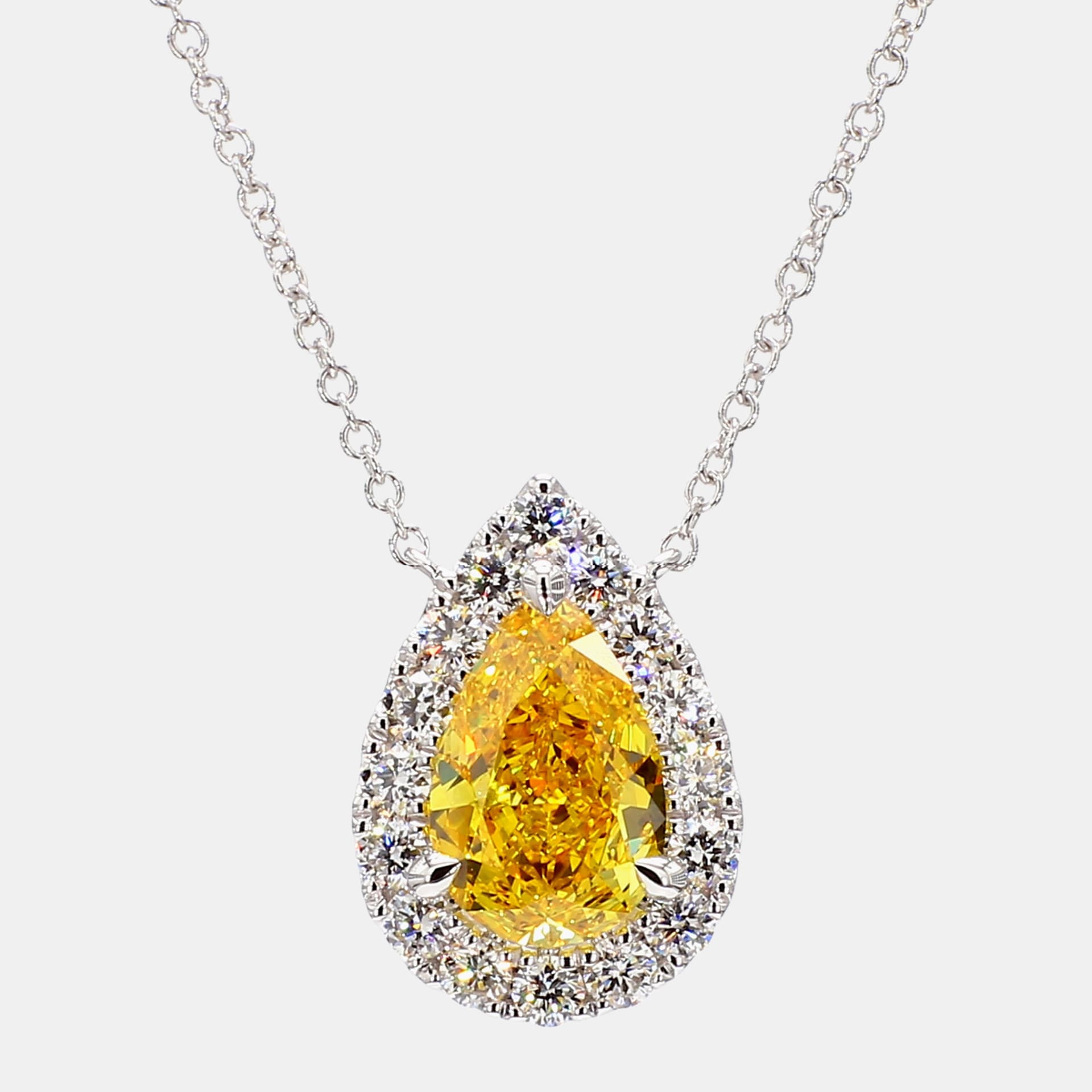 2.05 cts Pear Lab Grown Diamond 14k White Gold Yellow Halo Pendant Necklace