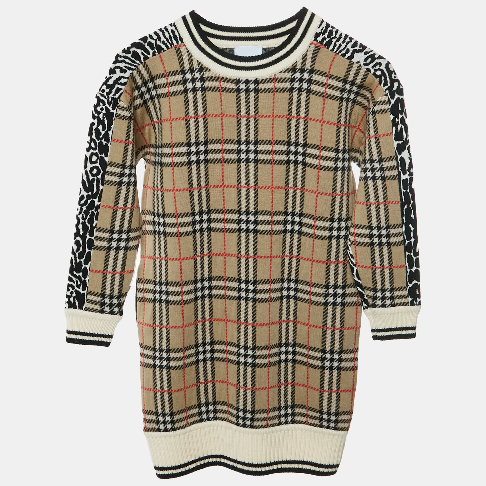 Burberry Kids Multicolor Plaid and Leopard Jacquard Knit Sweater Dress 8 Yrs