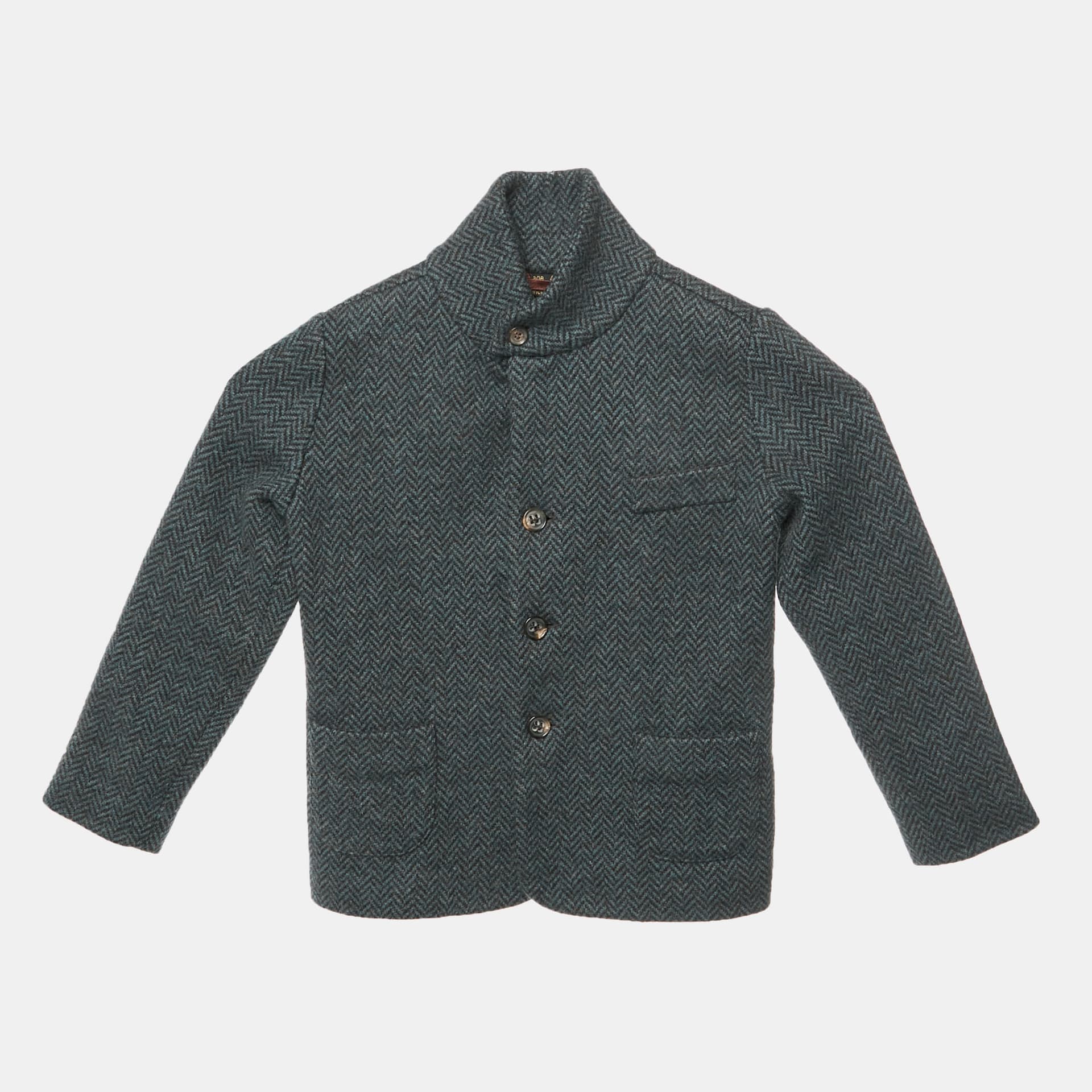 Loro Piana Navy Blue/Black Herringbone Wool Button Up Jacket 4 Yrs