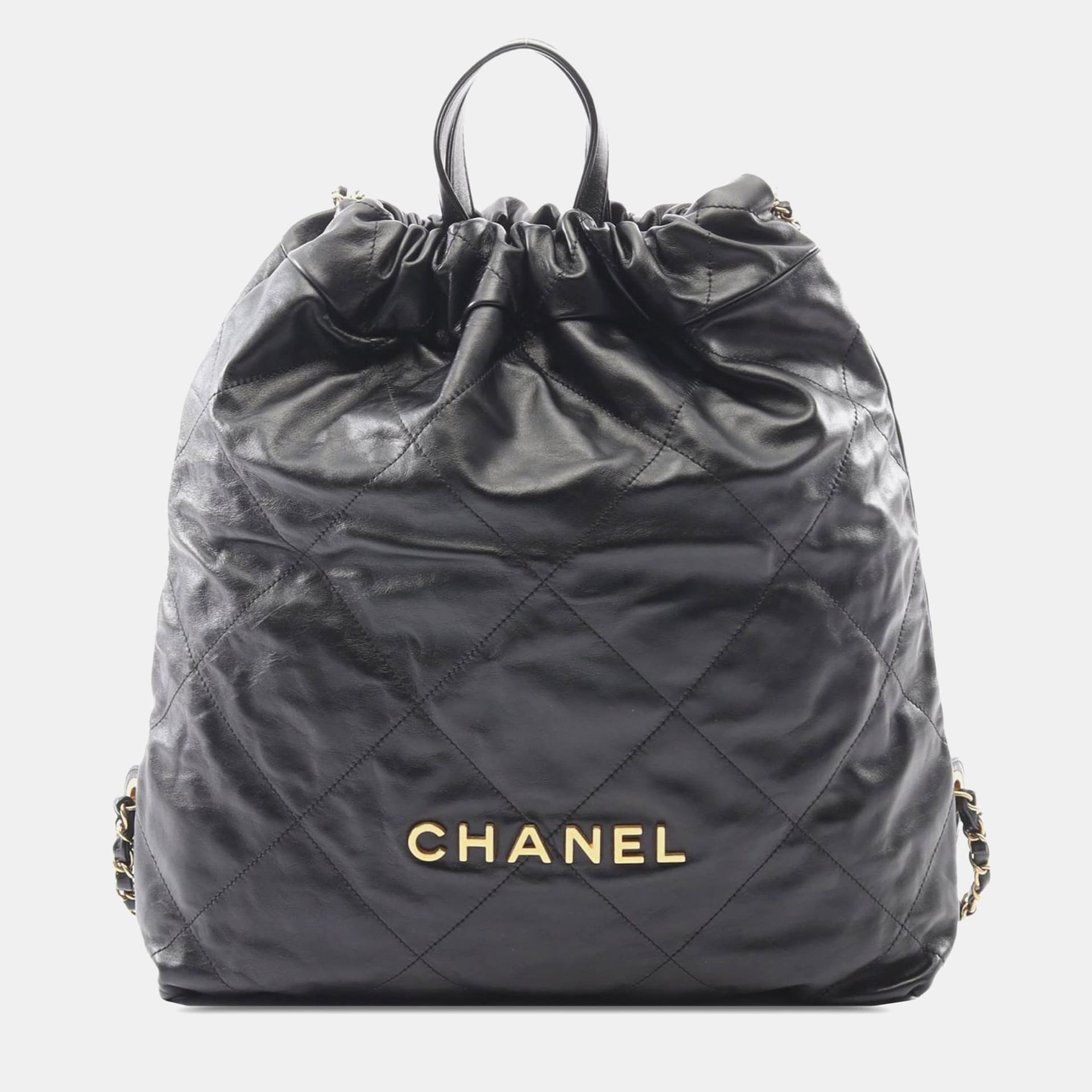 Chanel 22 Backpack Black Quilted Calfskin Leather Drawstring Bag
