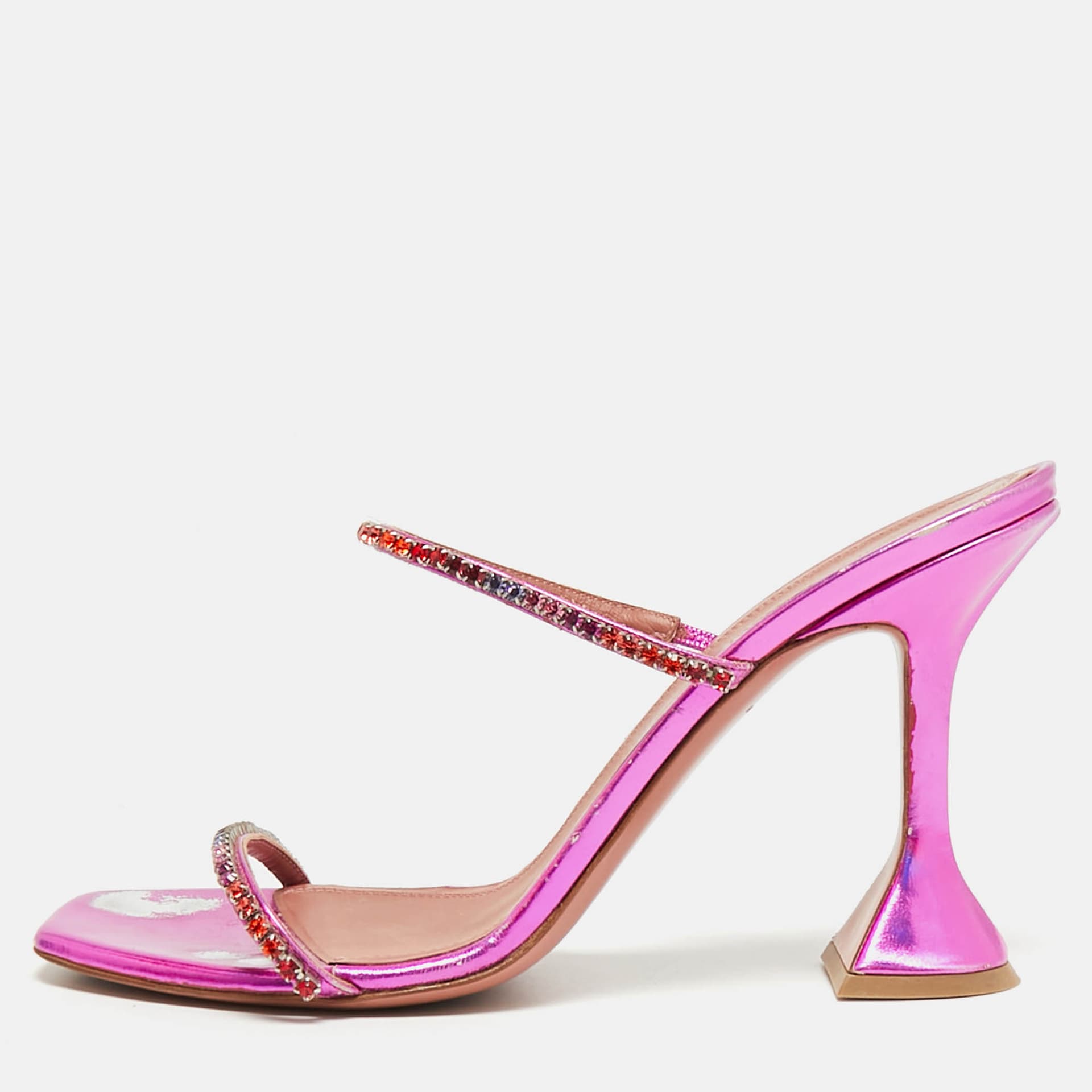 Amina Muaddi Gilda Size 40 Metallic Pink Leather Crystal Embellished Slide Sandals