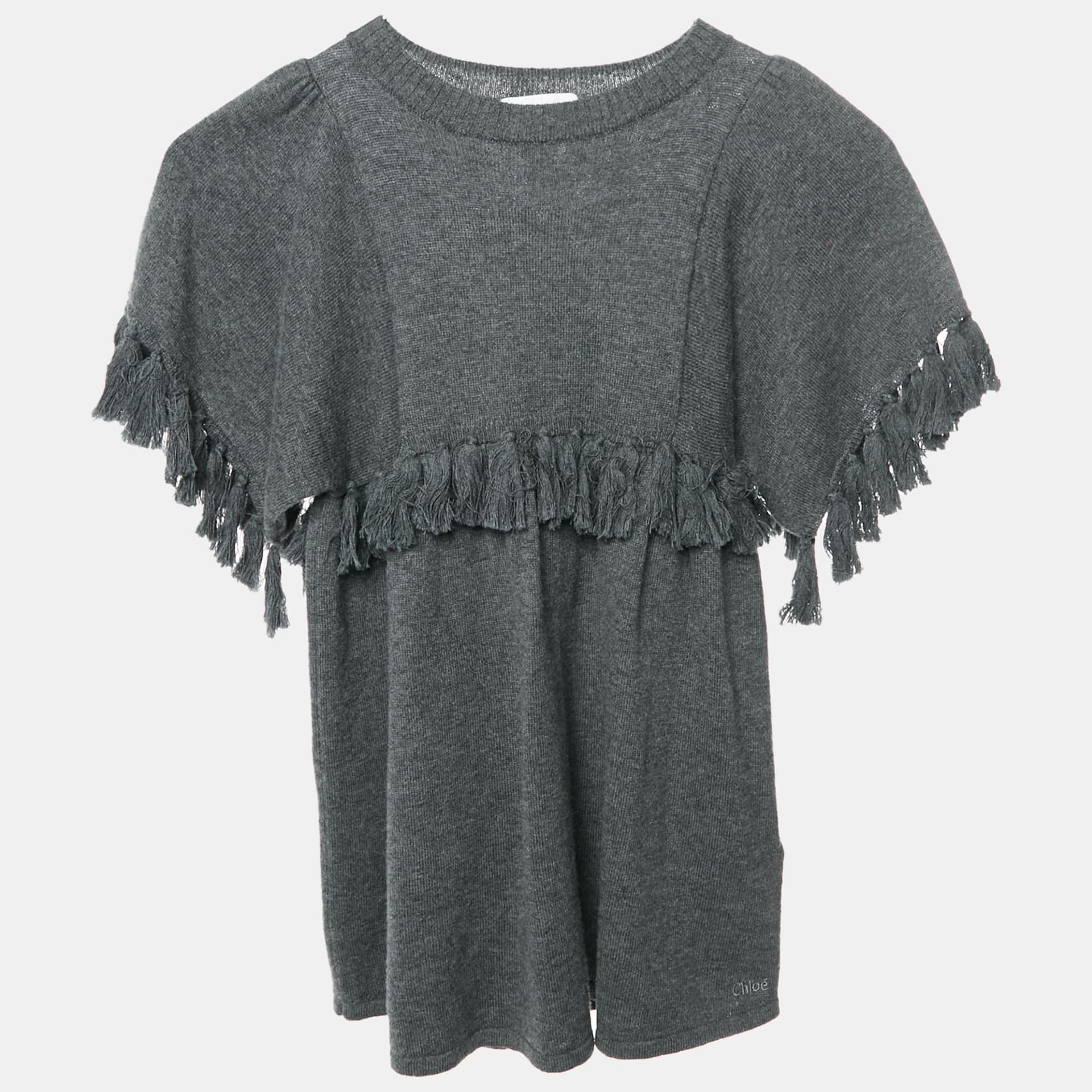 Chloe Kids Grey Wool Blend Knit Tassel Dress 4 Yrs