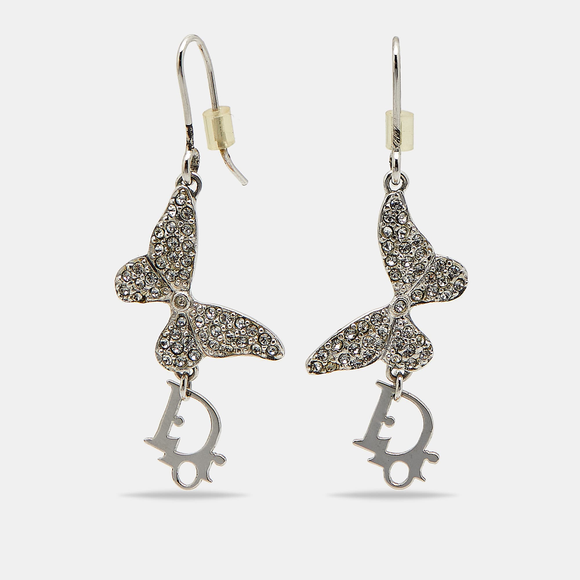 Dior  Butterfly Crystal Silver Tone Drop Earrings