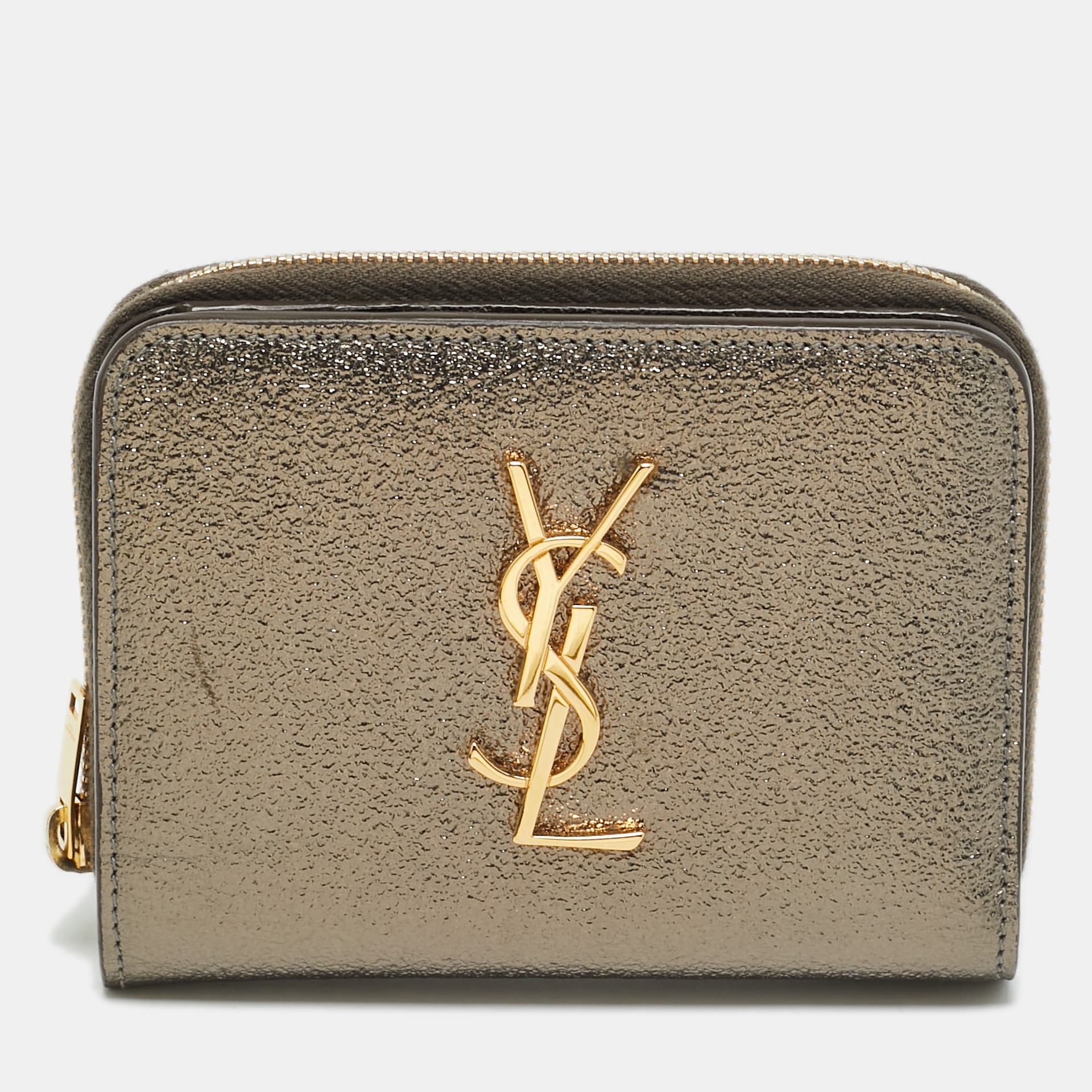 Saint Laurent Monogram Zip Metallic Crinkled Leather Compact Wallet
