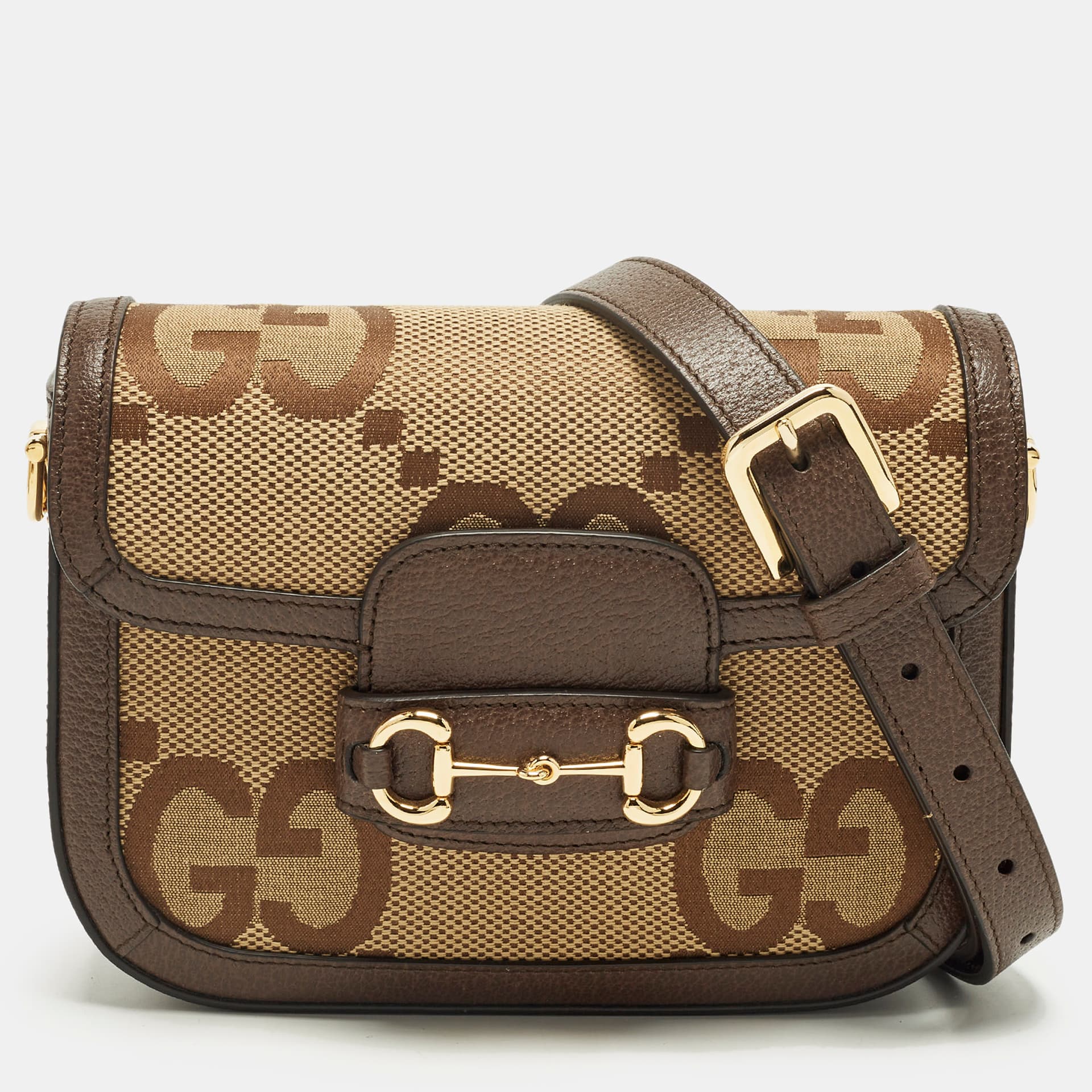 Gucci Horsebit 1955 Mini Beige/Brown Jumbo GG Canvas and Leather Shoulder Bag