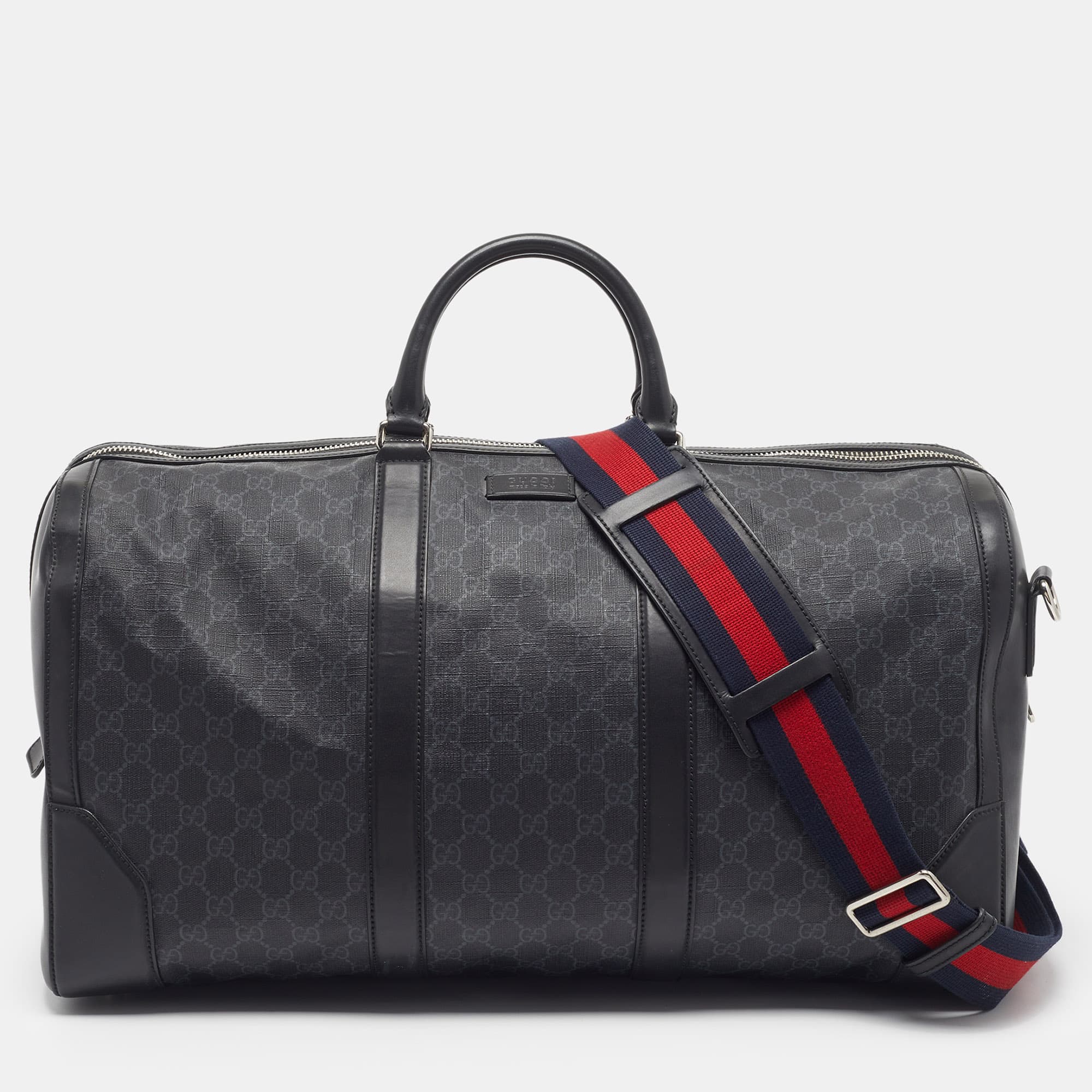 Gucci Web Black GG Supreme Canvas and Leather Weekender Bag