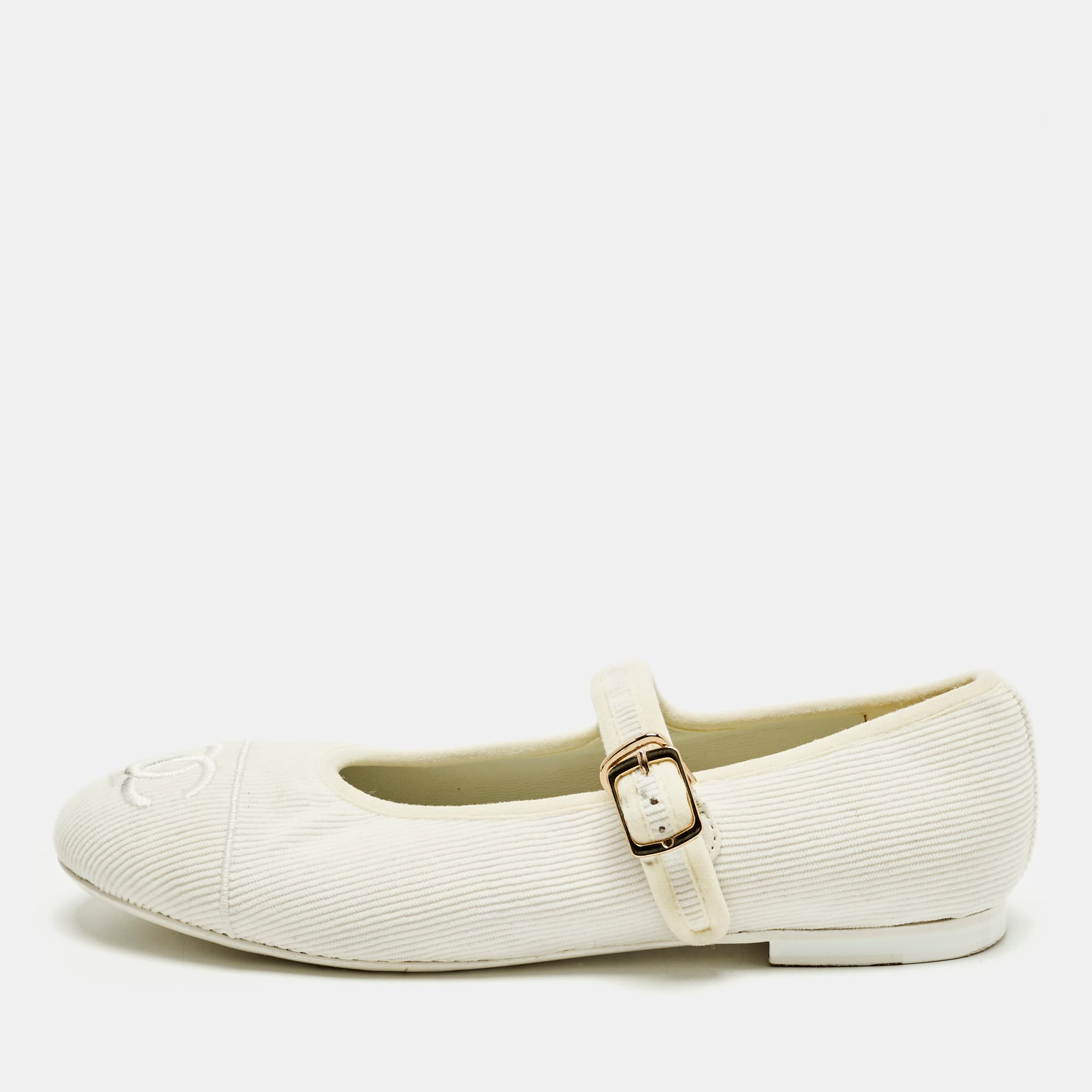 Chanel CC Size 40 White Fabric Mary-Jane Ballet Flats