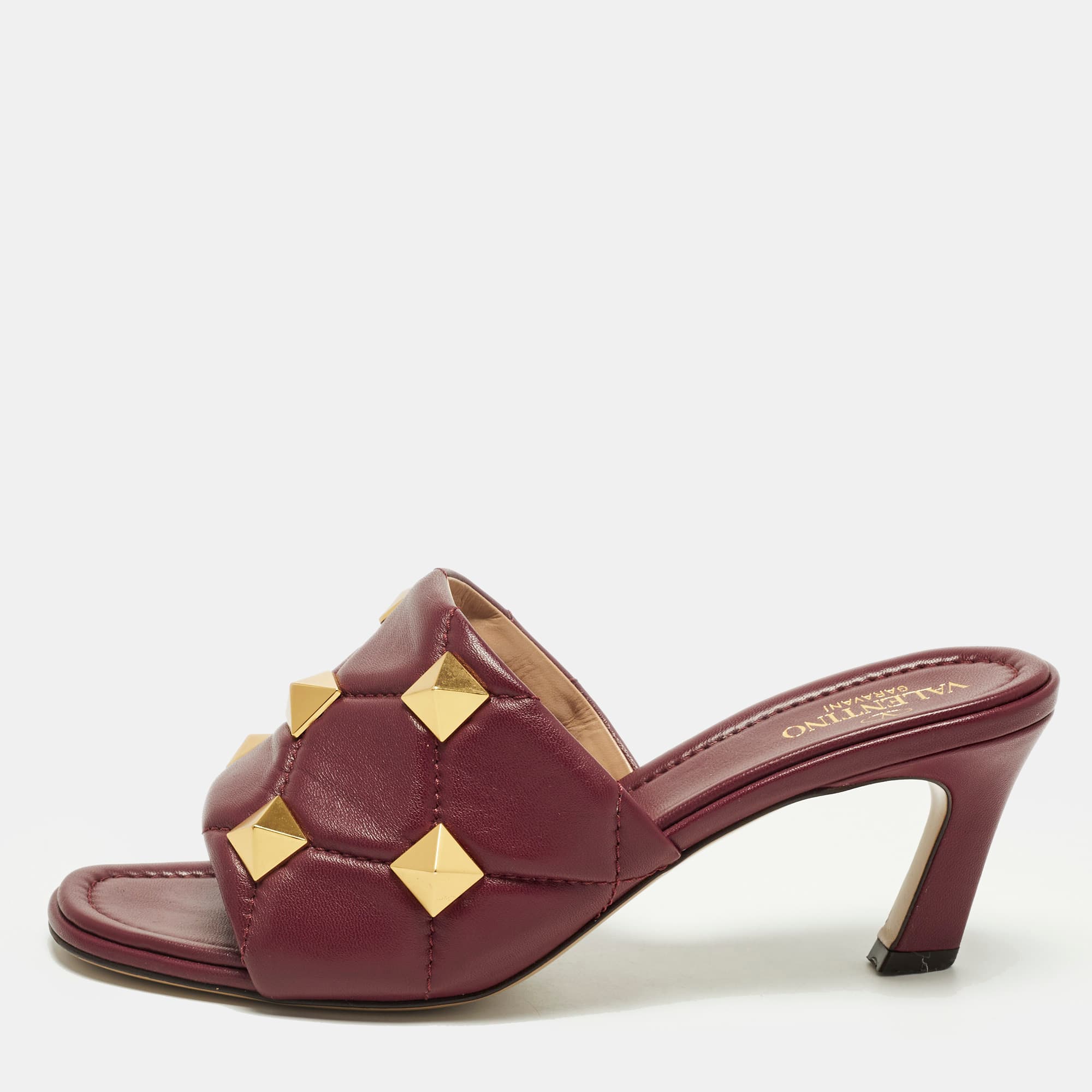 Valentino Roman Stud Size 38 Burgundy Leather Slide Sandals