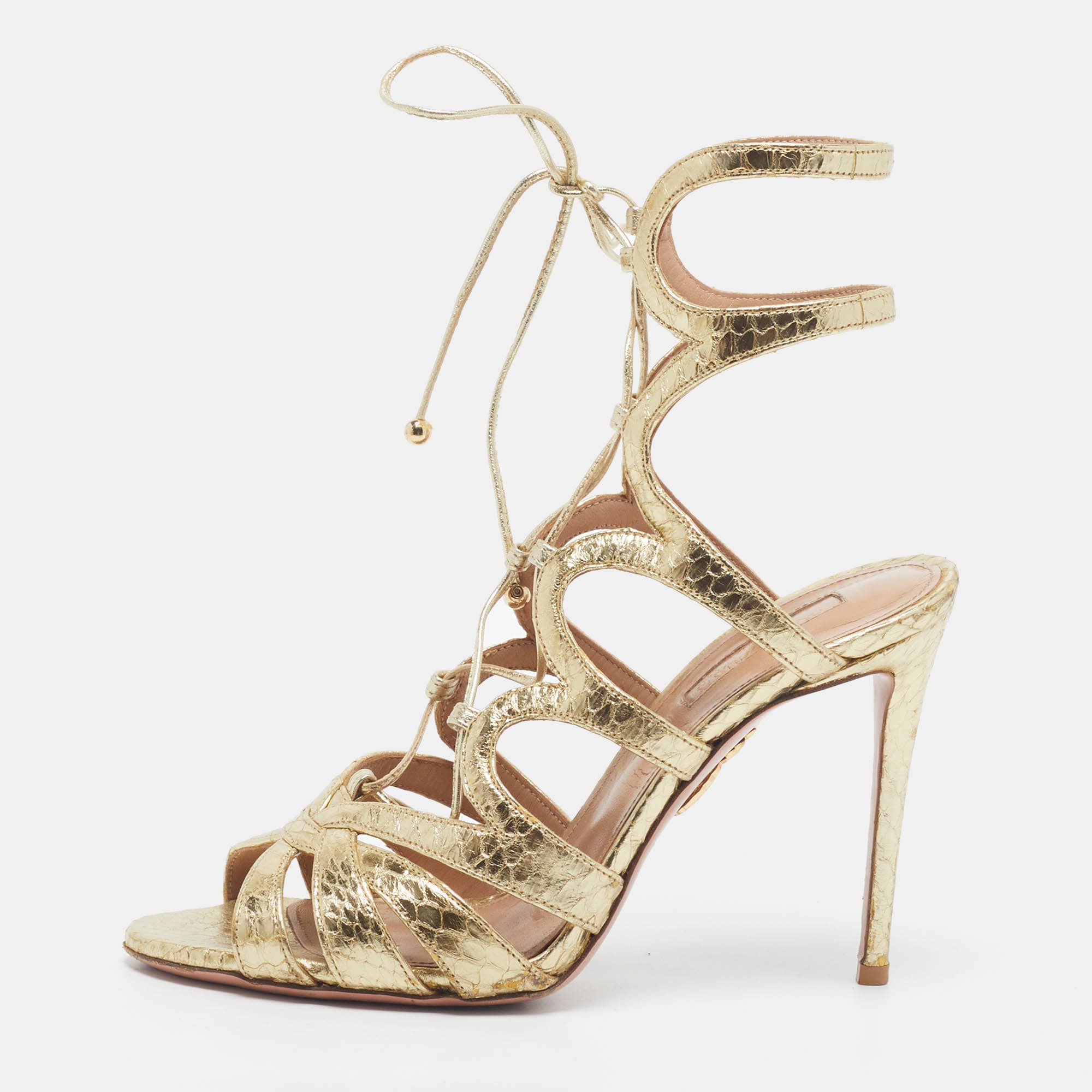 Aquazzura Size 37 Gold Python Embossed Leather Platform Sandals