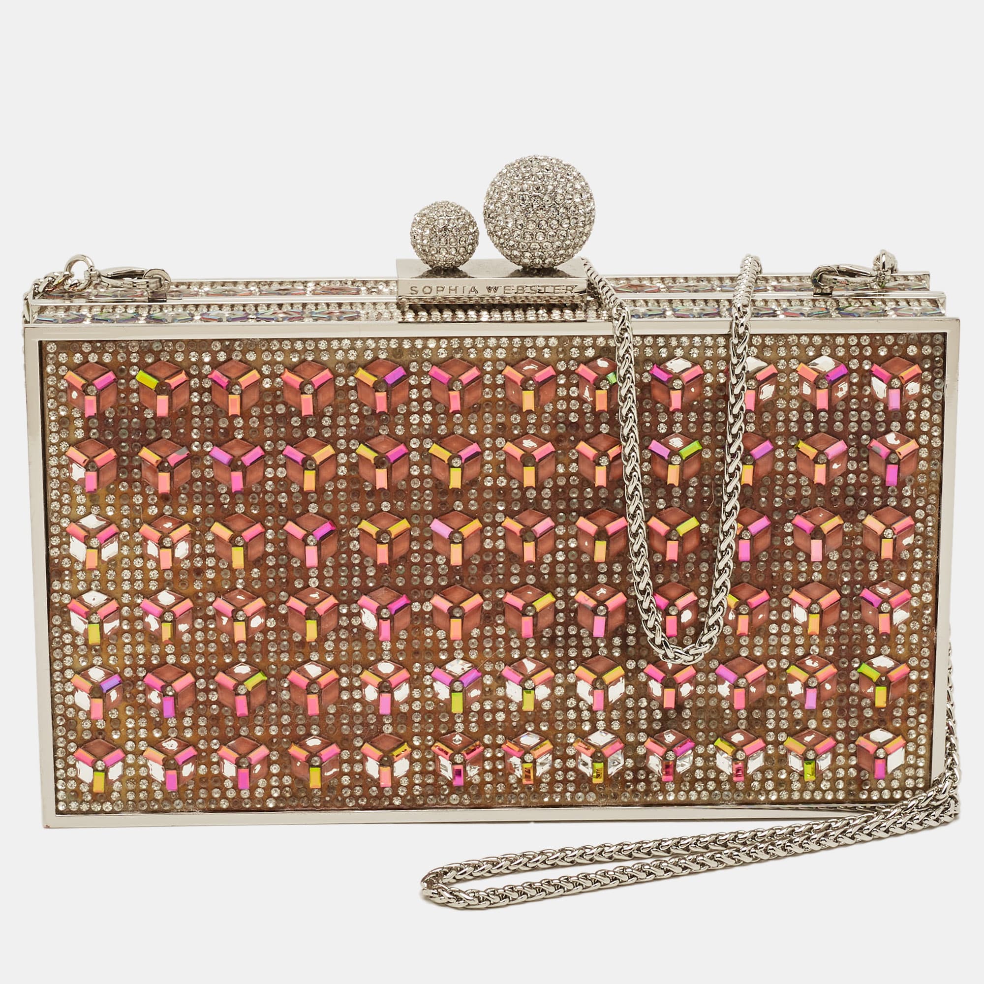 Sophia Webster Clara Box Silver/Iridescent Crystal and Metal Chain Clutch