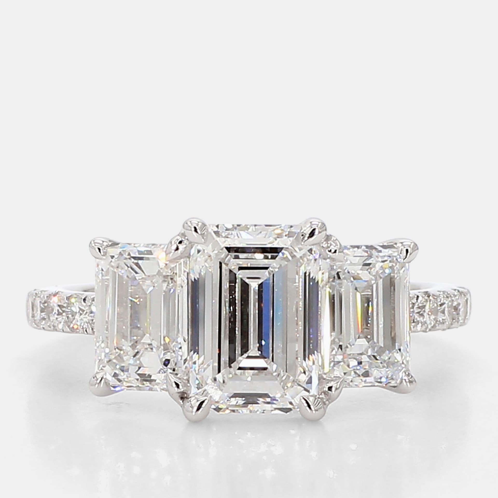 3.92 cts Emerald Pave Lab Grown Diamonds 14k White Gold Three Stone Engagement Ring
