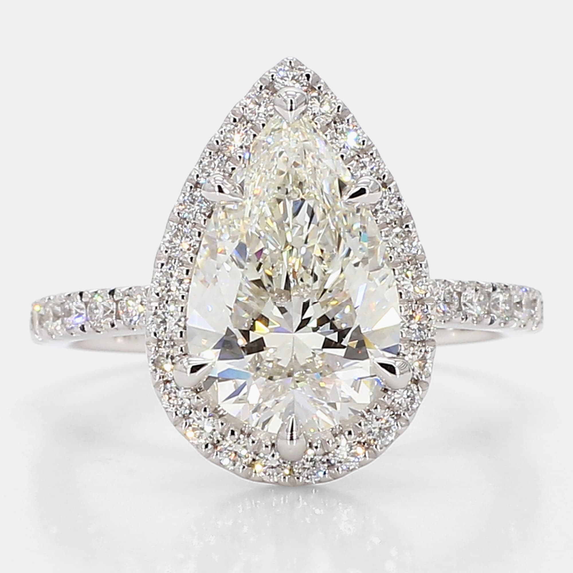 3.08 cts Pear Lab Grown Diamonds 14k White Gold Halo Pave Engagement Ring