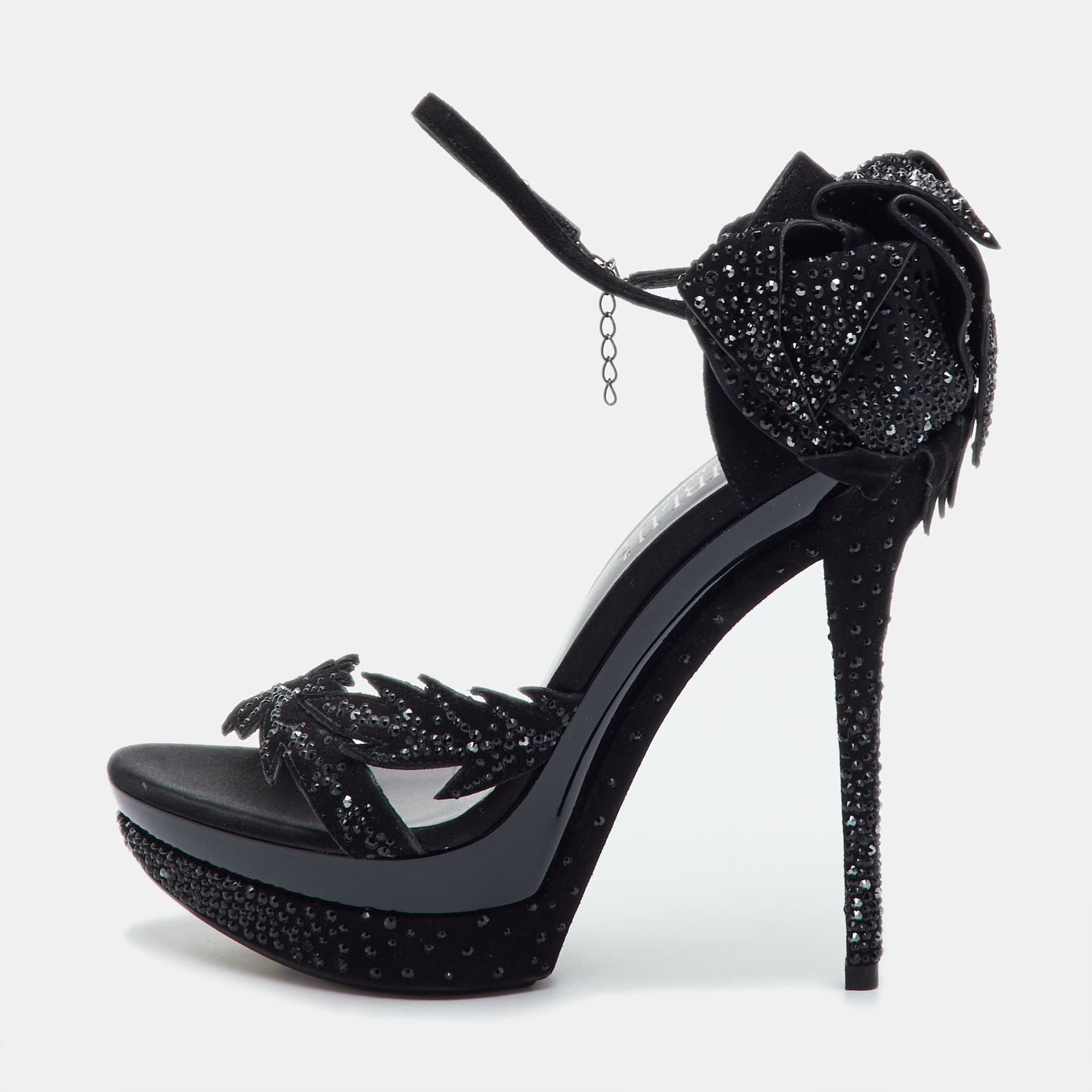 Loriblu Size 38 Black Suede Platform Crystal Embellished Ankle Strap Sandals