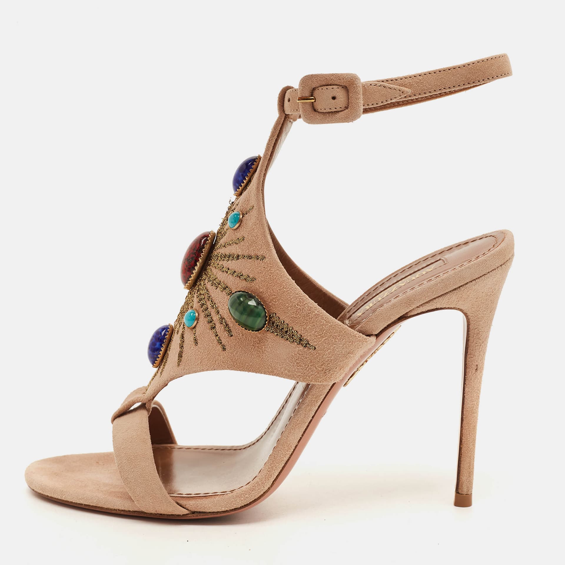 Aquazzura Size 37 Beige Suede Embellished Ankle Strap Sandals