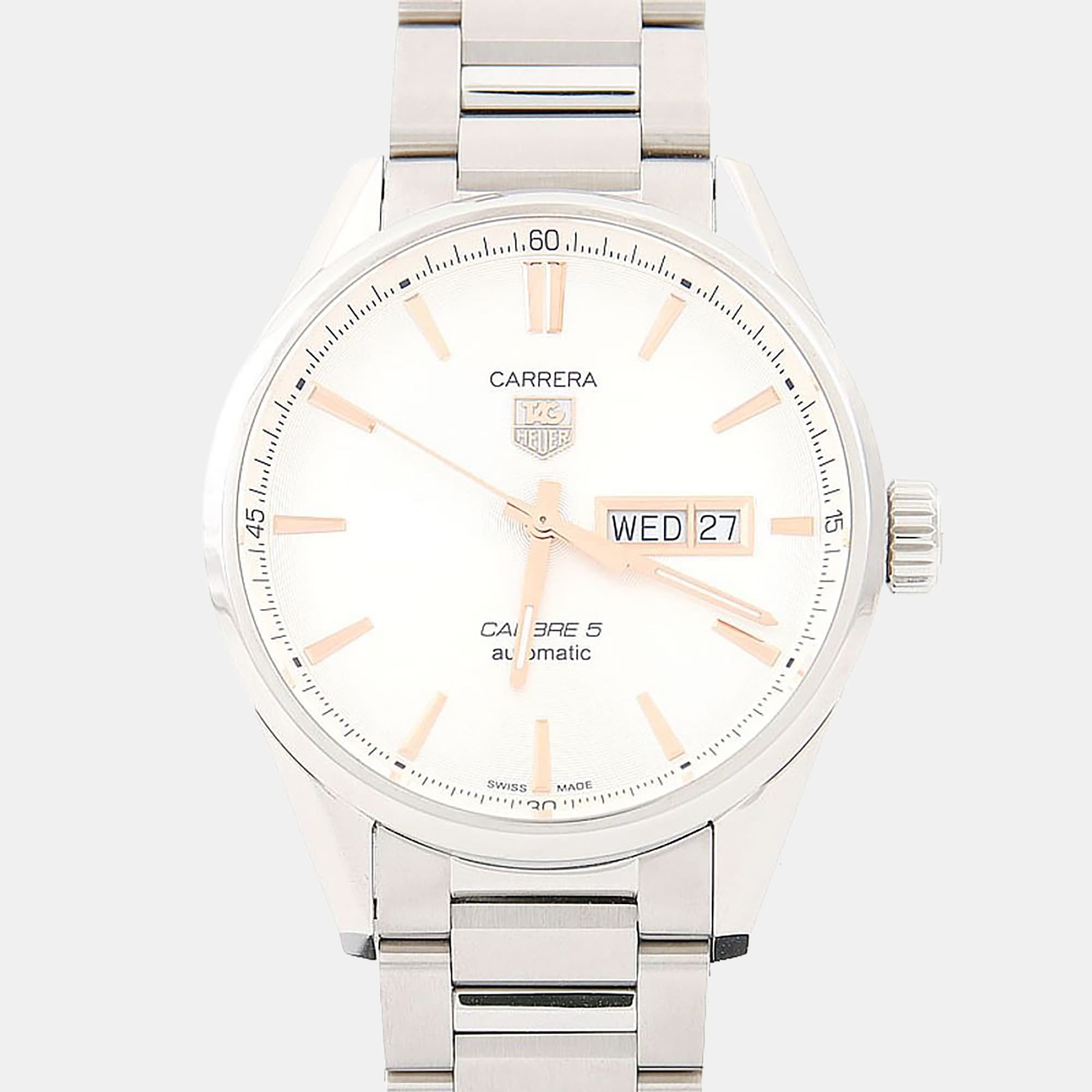 Tag Heuer White Carrera Calibre 5 WAR201-1 Stainless Steel Automatic Men's Wristwatch 40mm