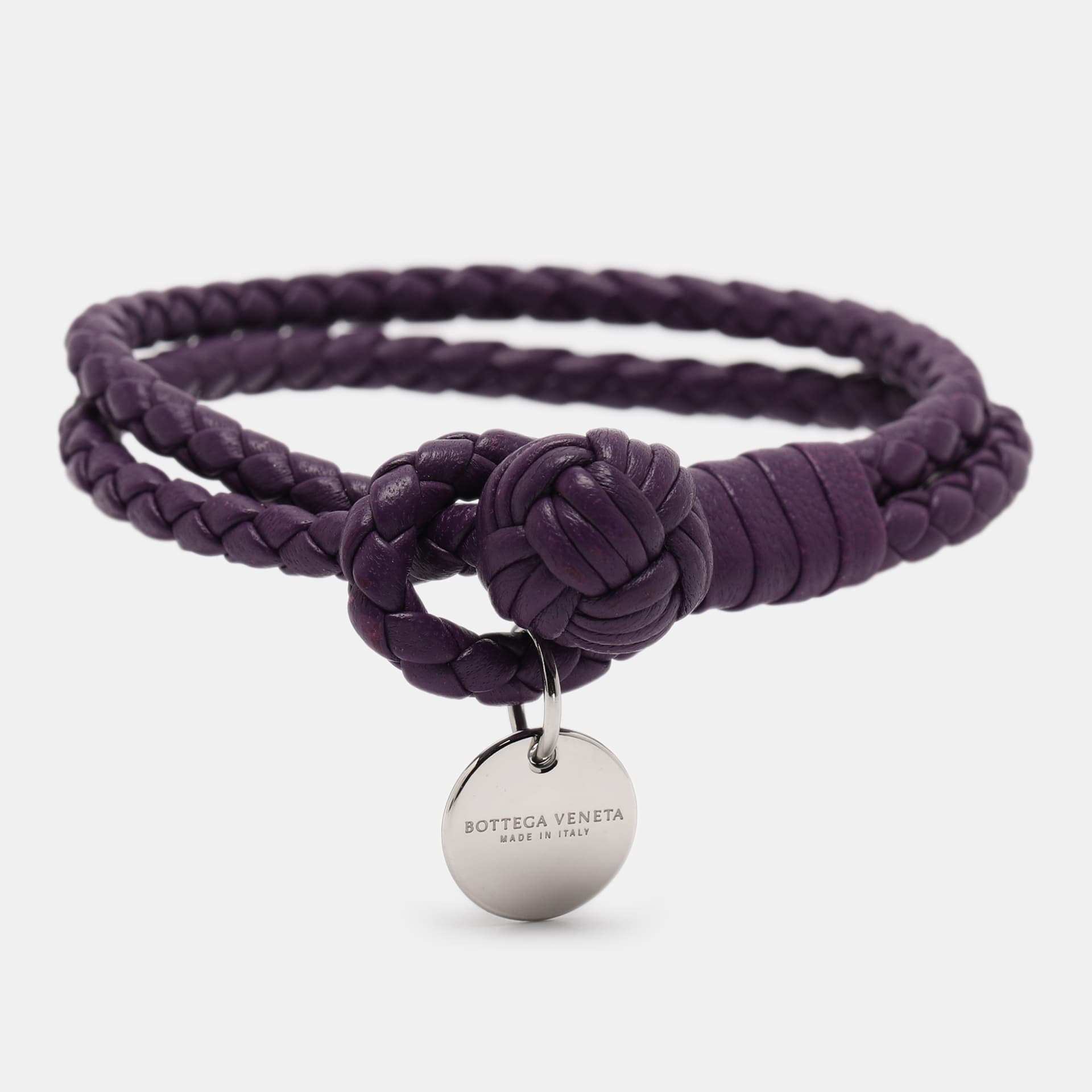 Bottega Veneta Intrecciato Purple Double Knot Leather Silver Tone Bracelet