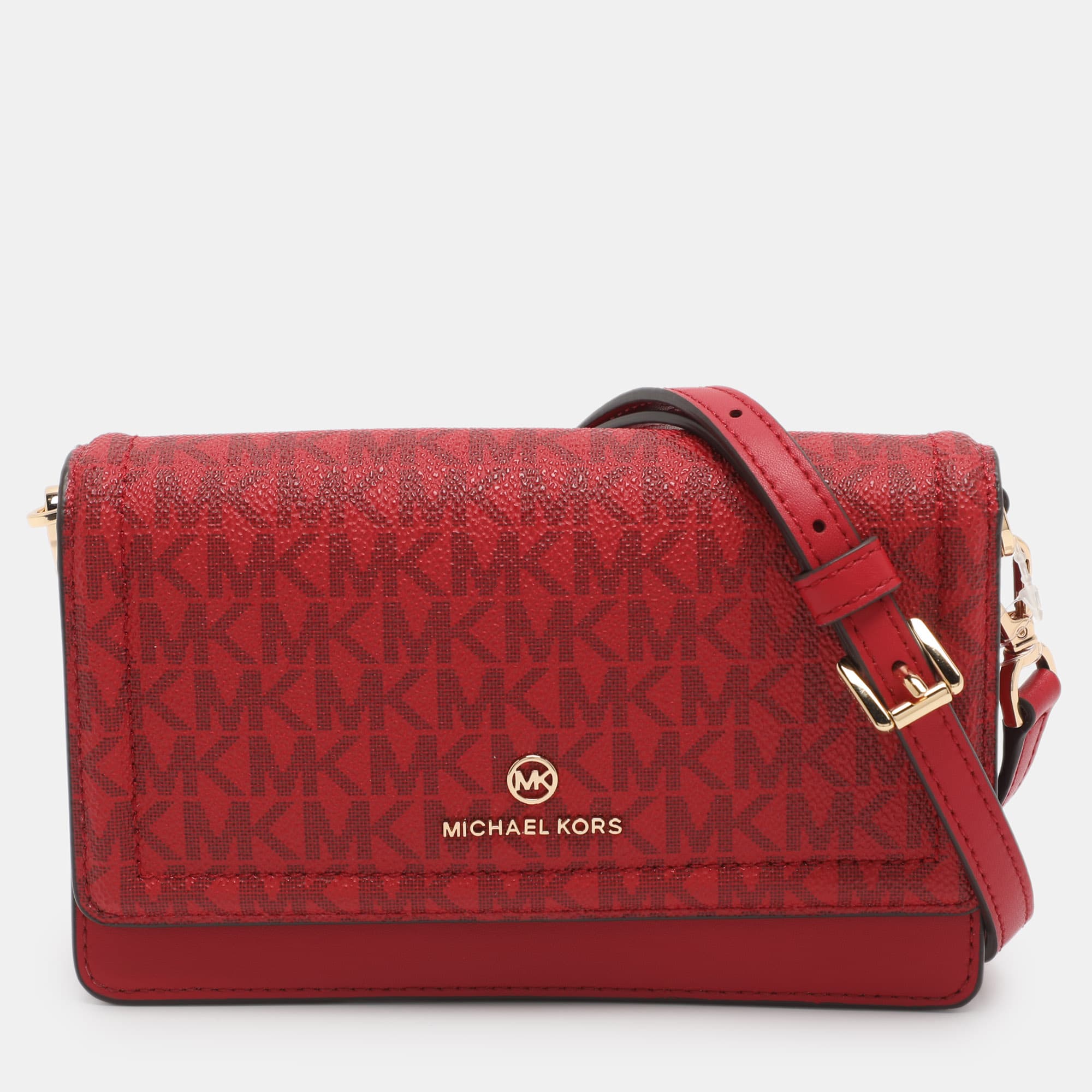 Michael Kors Jet Set Red Signature Canvas and Leather Wallet on Strap