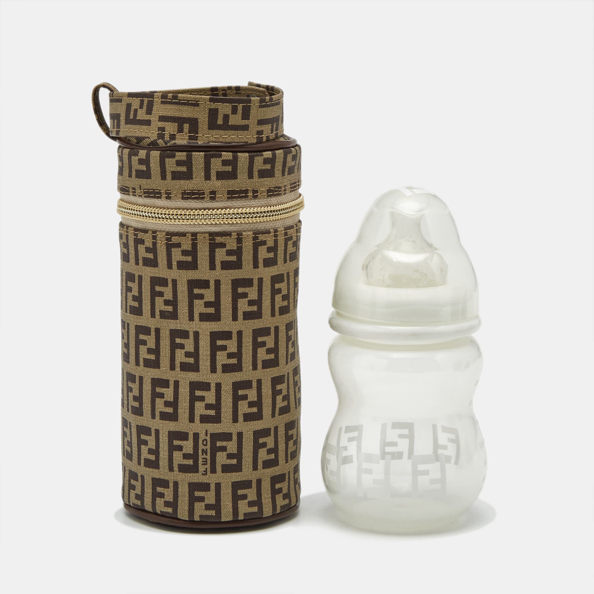 Fendi Beige Zucchino Coated Canvas Baby Bottle and Holder