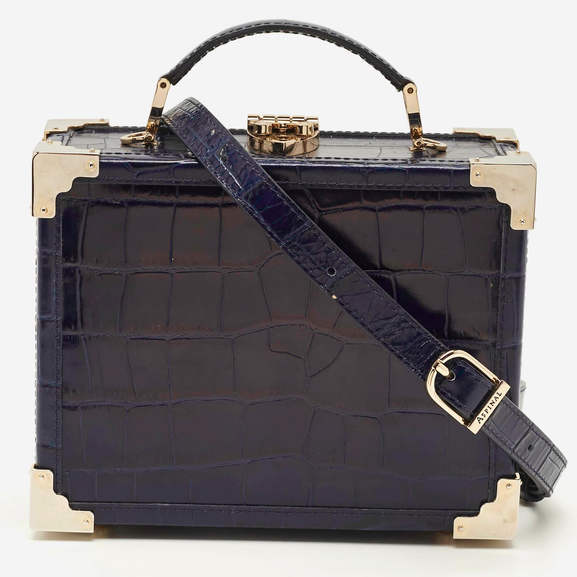 Aspinal Of London Trunk Navy Blue Croc Embossed Leather Top Handle Bag