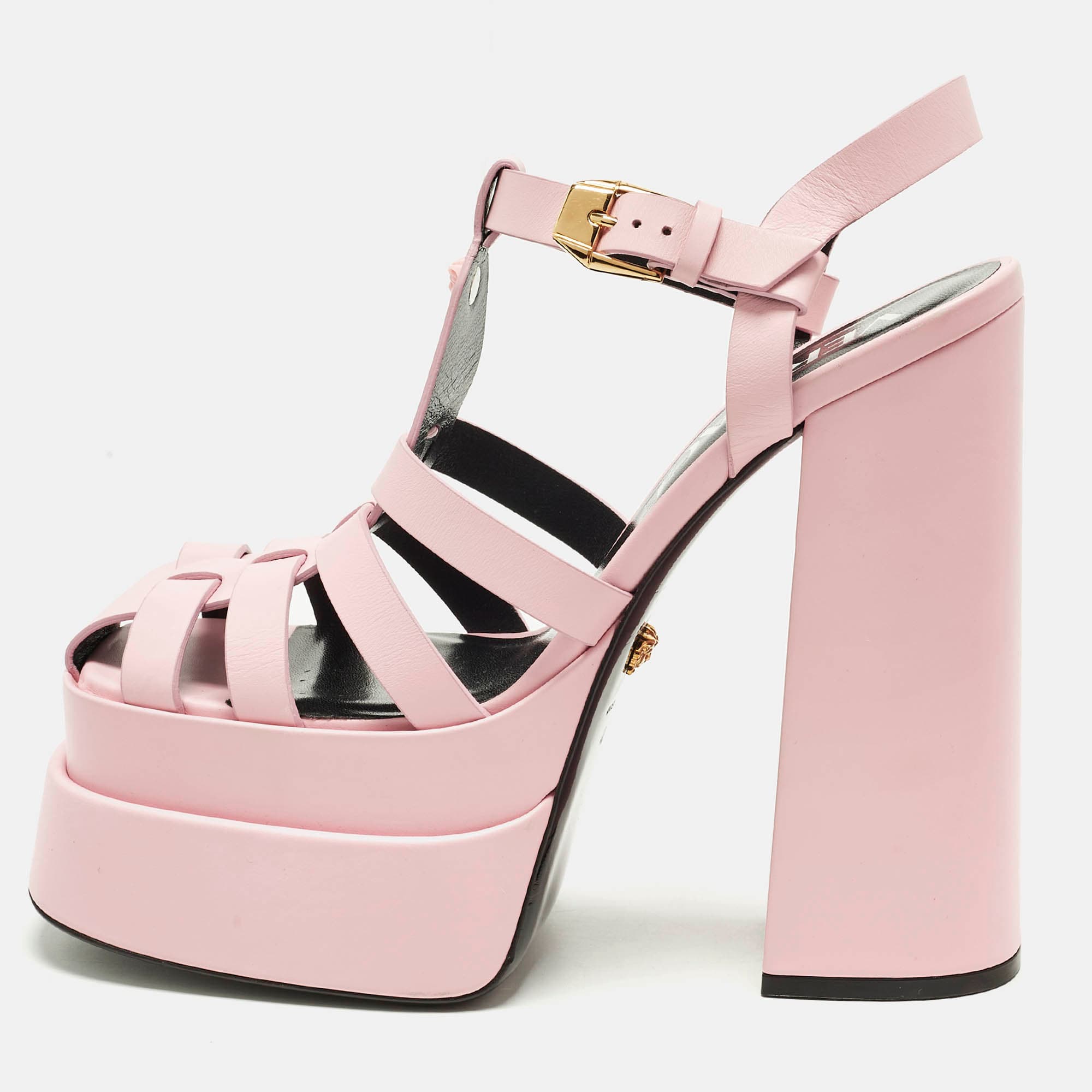 Versace La Medusa Size 40 Pink Leather Platform Sandals
