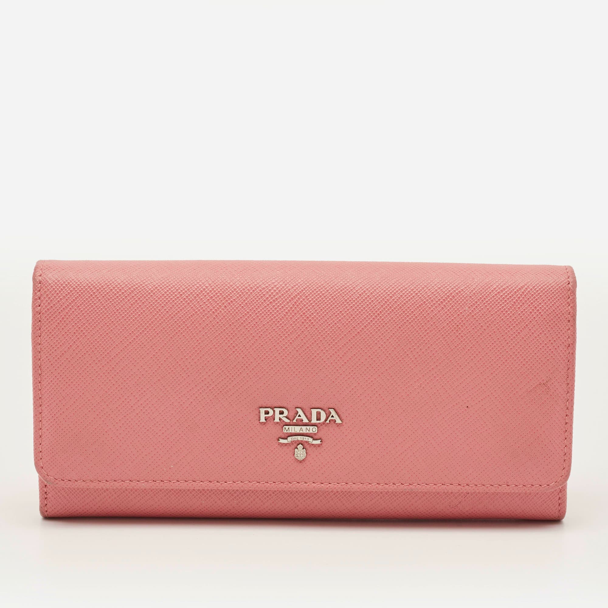 Prada Logo Flap Pink Saffiano Lux Leather Continental Wallet