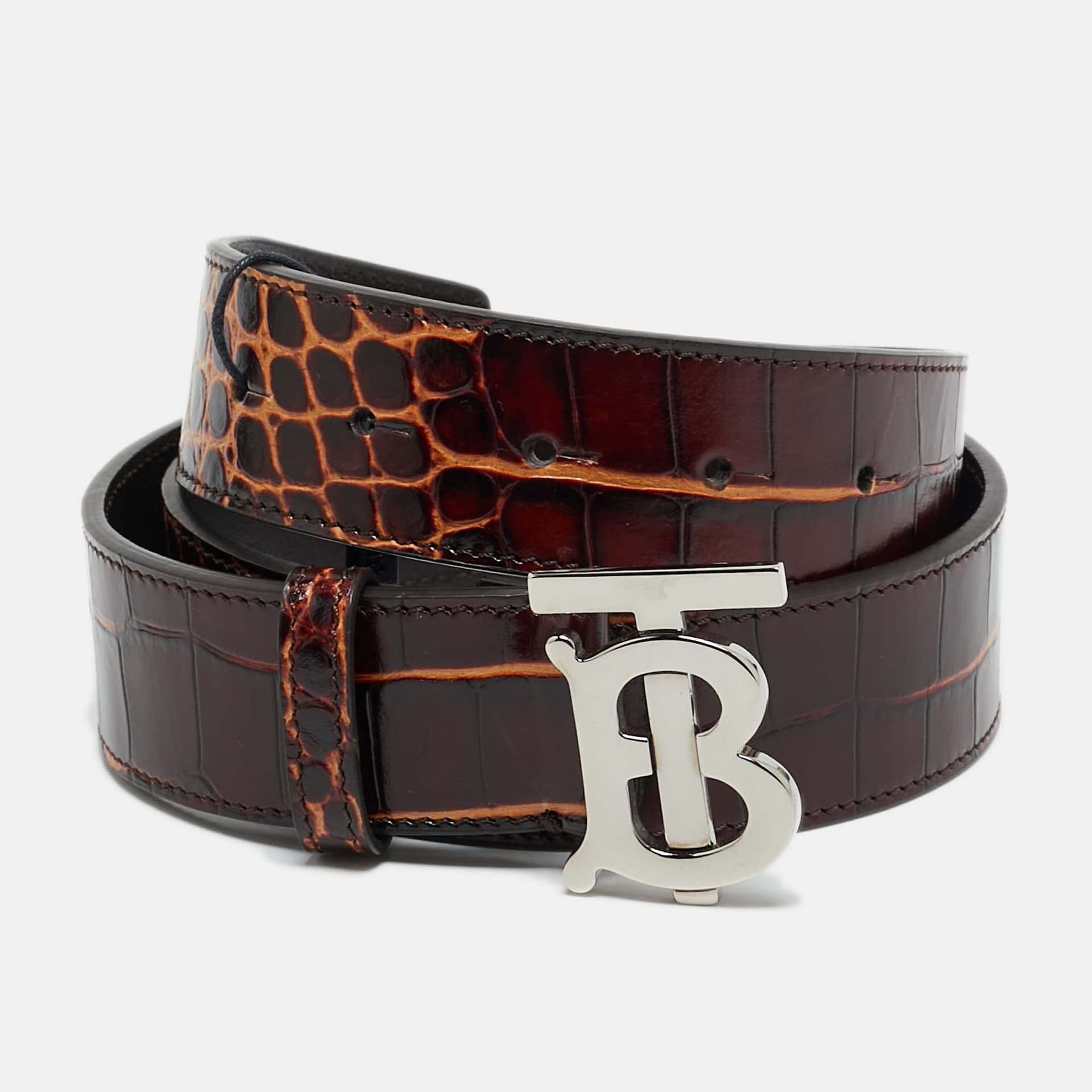 Burberry TB Logo 80CM Belt Brown Crocodile Embossed Leather