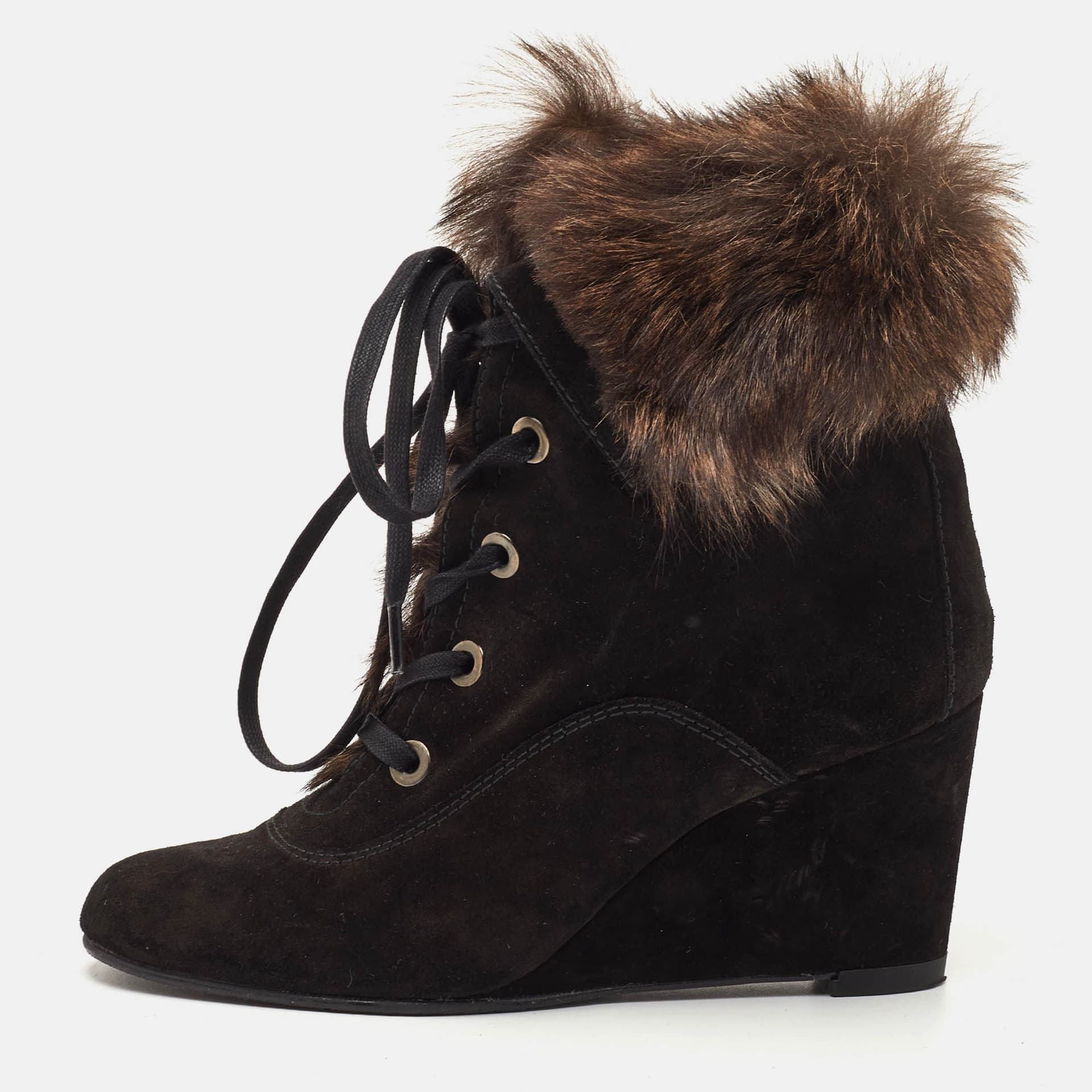 Stuart Weitzman Size 37.5 Black/Dark Brown Fur and Suede Lace Up Wedge Booties