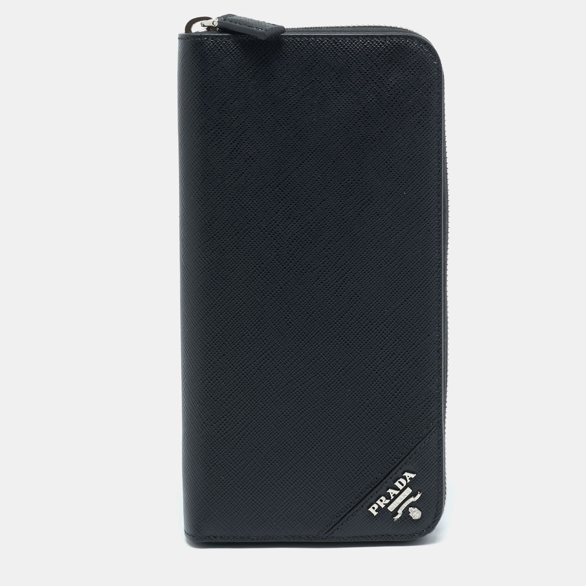 Prada Black Saffiano Leather Zip Around Wallet
