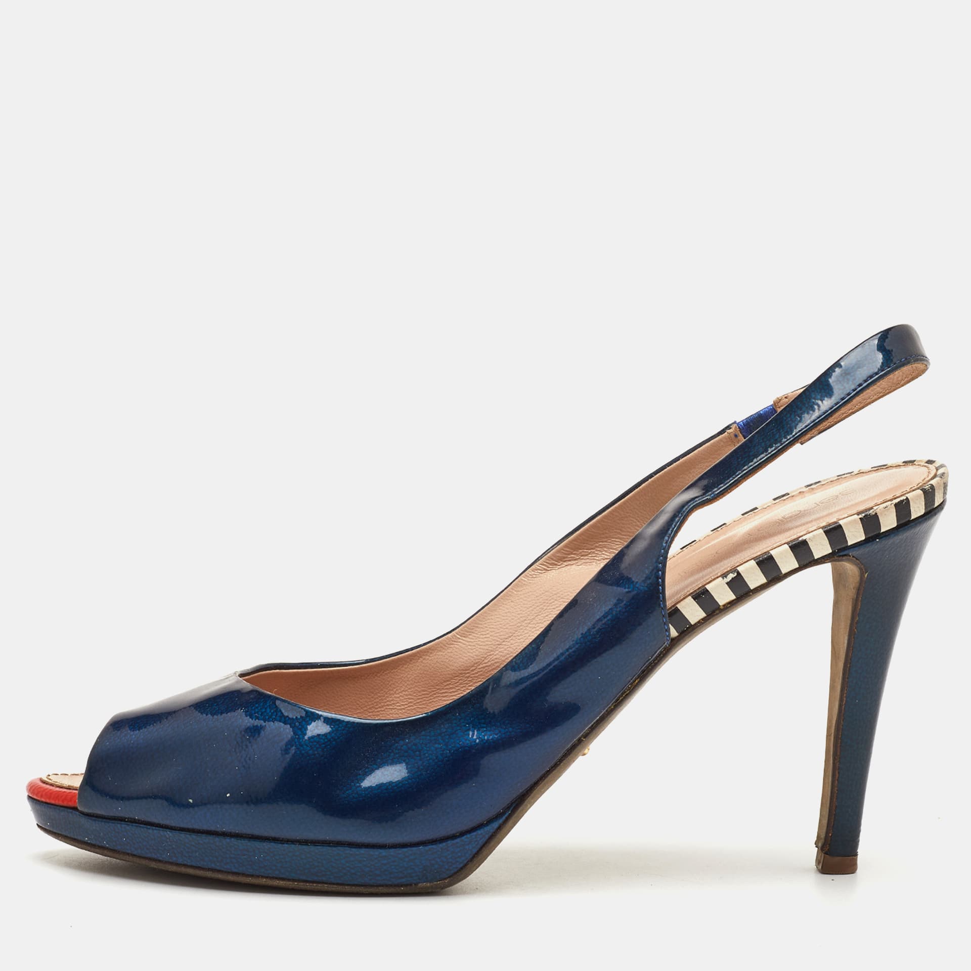 Sergio Rossi Size 40 Navy Blue Patent Leather Peep Toe Slingback Sandals