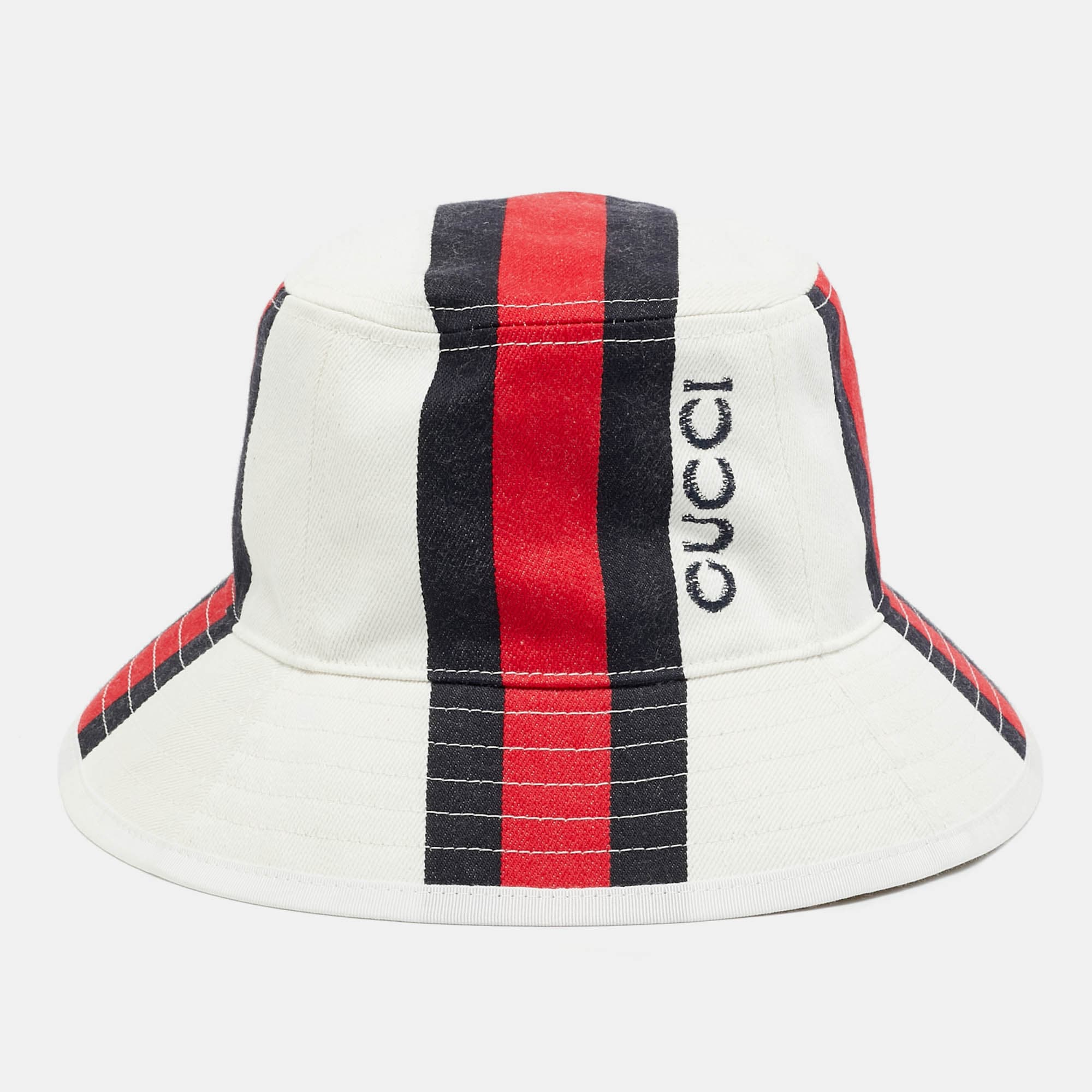 Gucci White Web Stripe Canvas Bucket Hat S