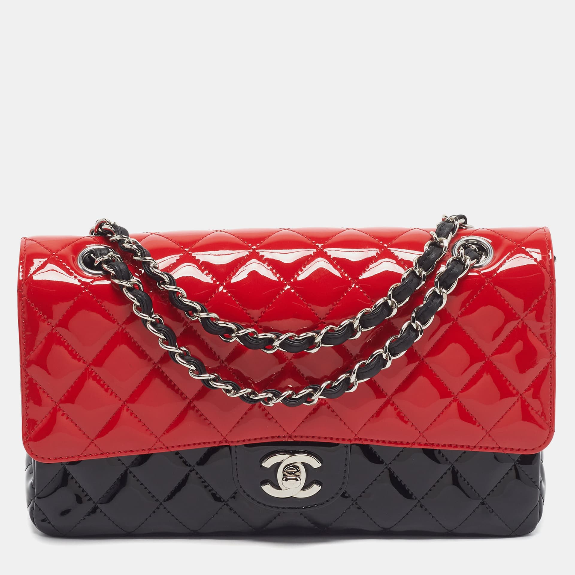 Chanel Classic Double Flap Medium Red/Black Quilted Patent Leather Bag