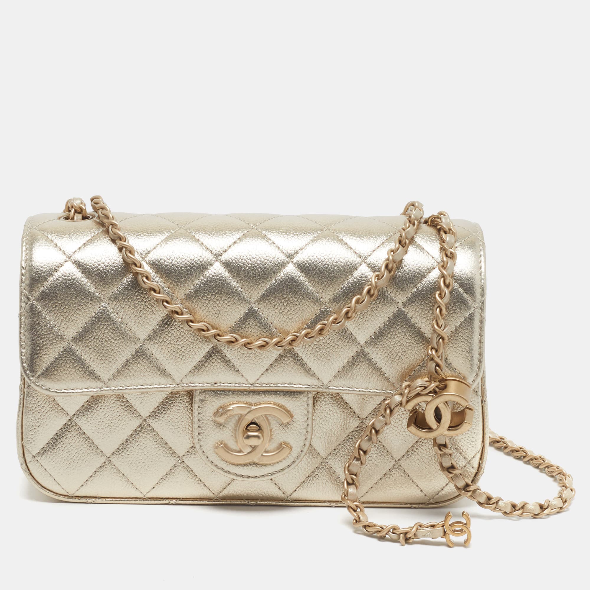 Chanel Coco Crush Mini Gold Quilted Caviar Leather Flap Bag