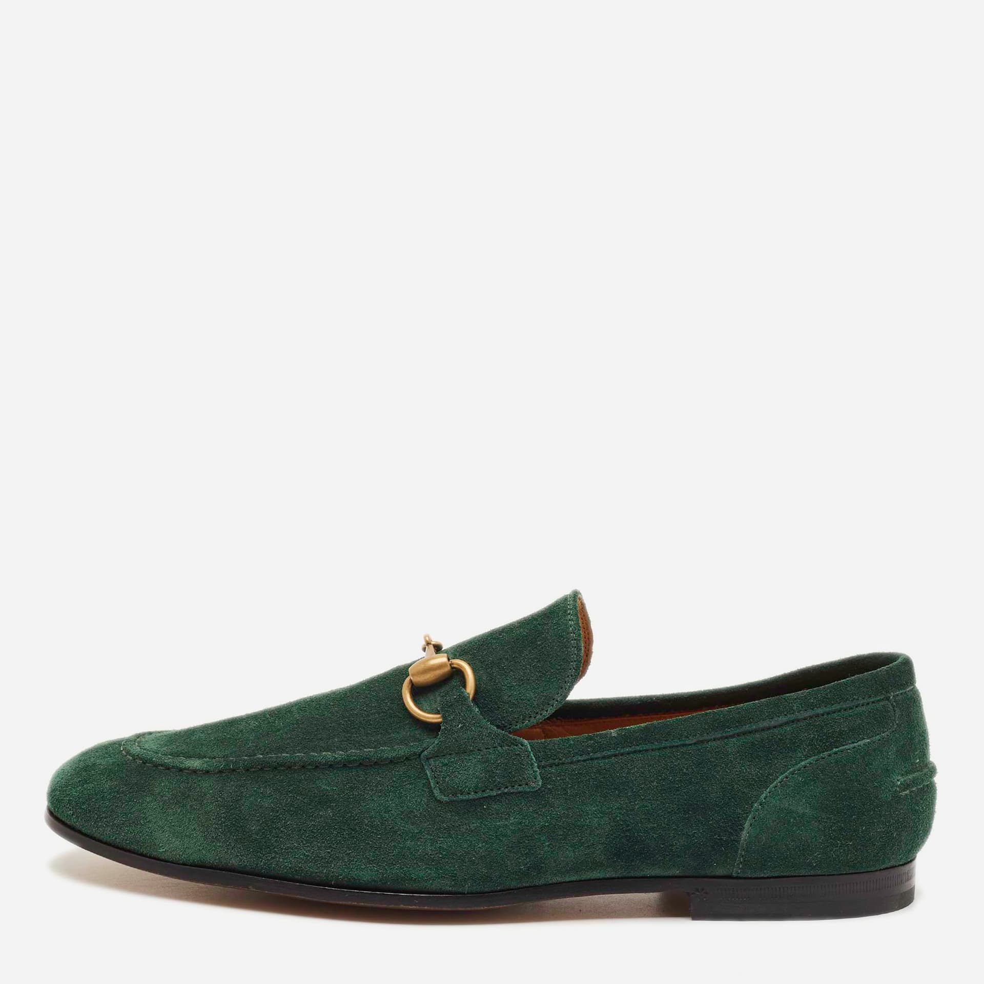 Gucci Jordaan Size 37 Dark Green Suede Horsebit Loafers