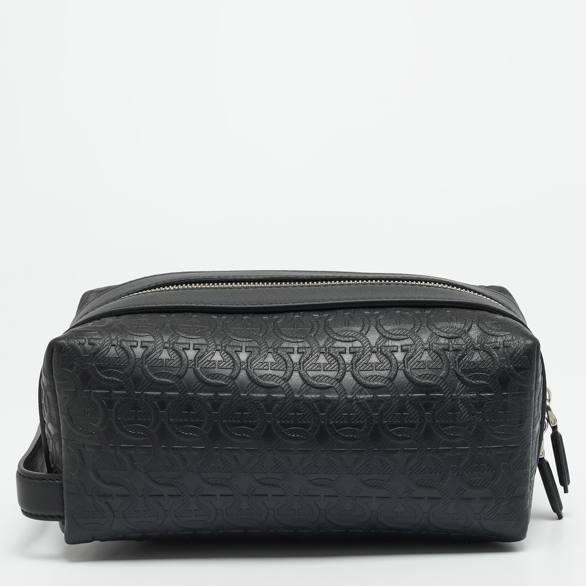 Salvatore Ferragamo Toiletry Bag Black Gancini Embossed Leather