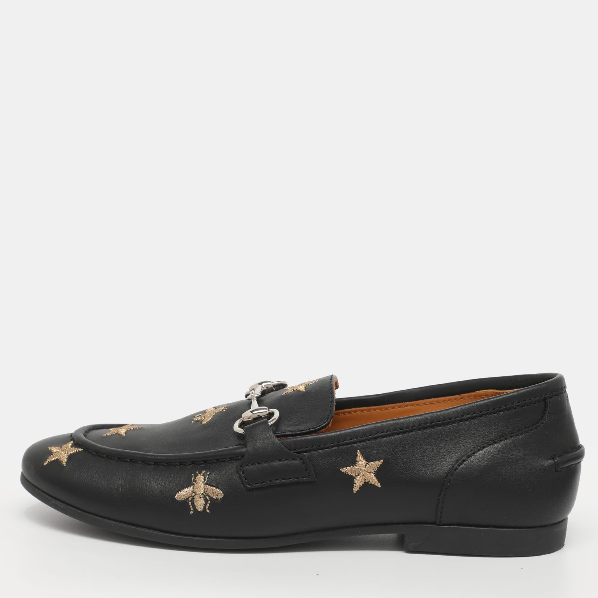 Gucci Jordaan Embroidered Star Bee Horsebit Size 33 Black Leather Loafers