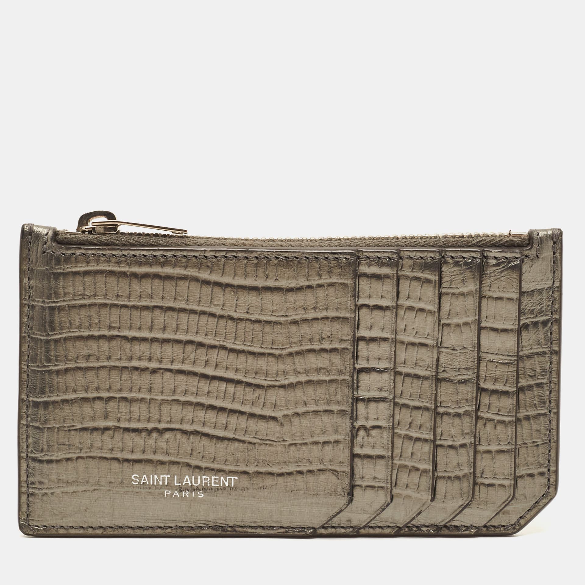 Saint Laurent Grey Lizard Embossed Leather Zip Card Holder