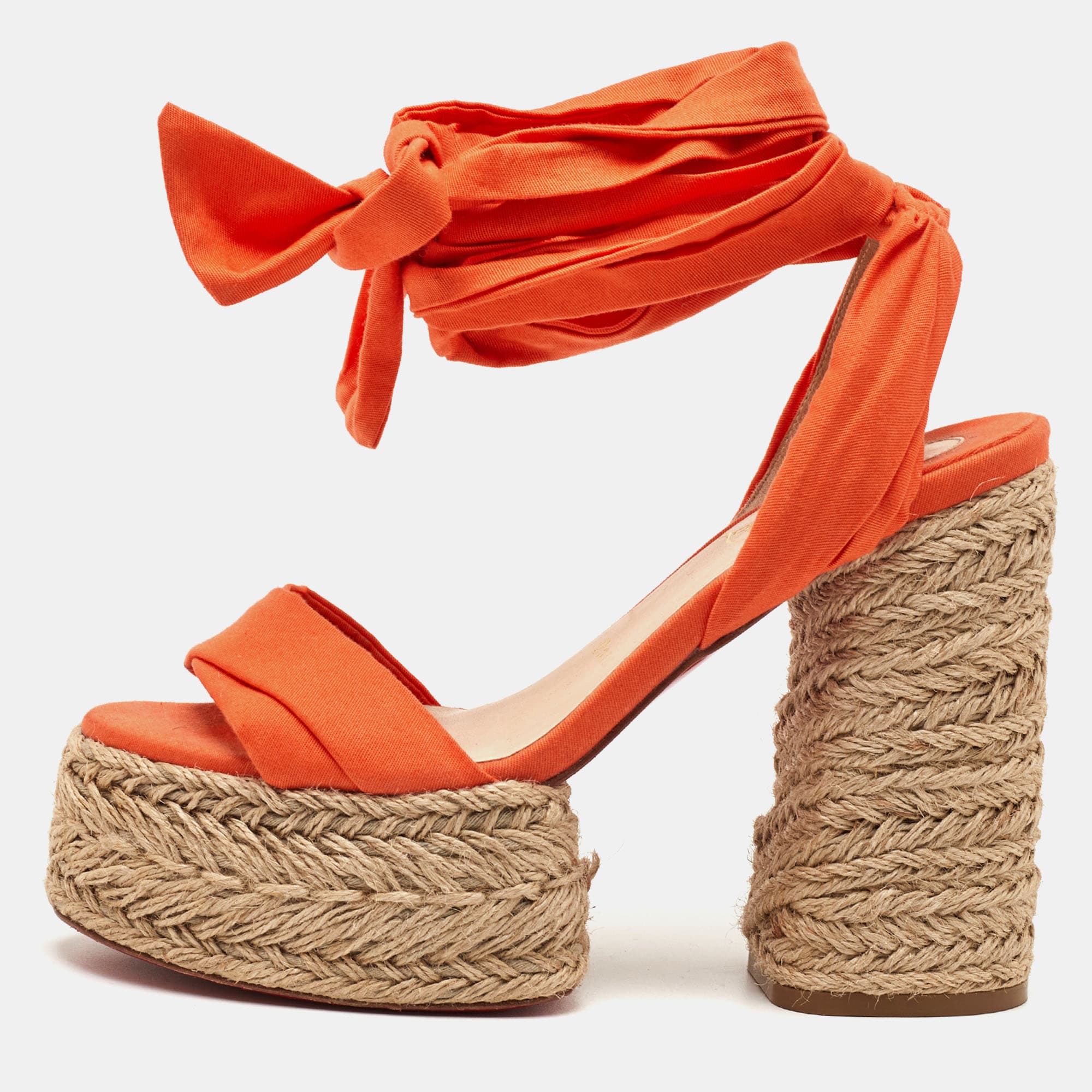 Christian Louboutin Mariza du D&eacute;sert Size 37 Orange Canvas Platform Espadrille Sandals