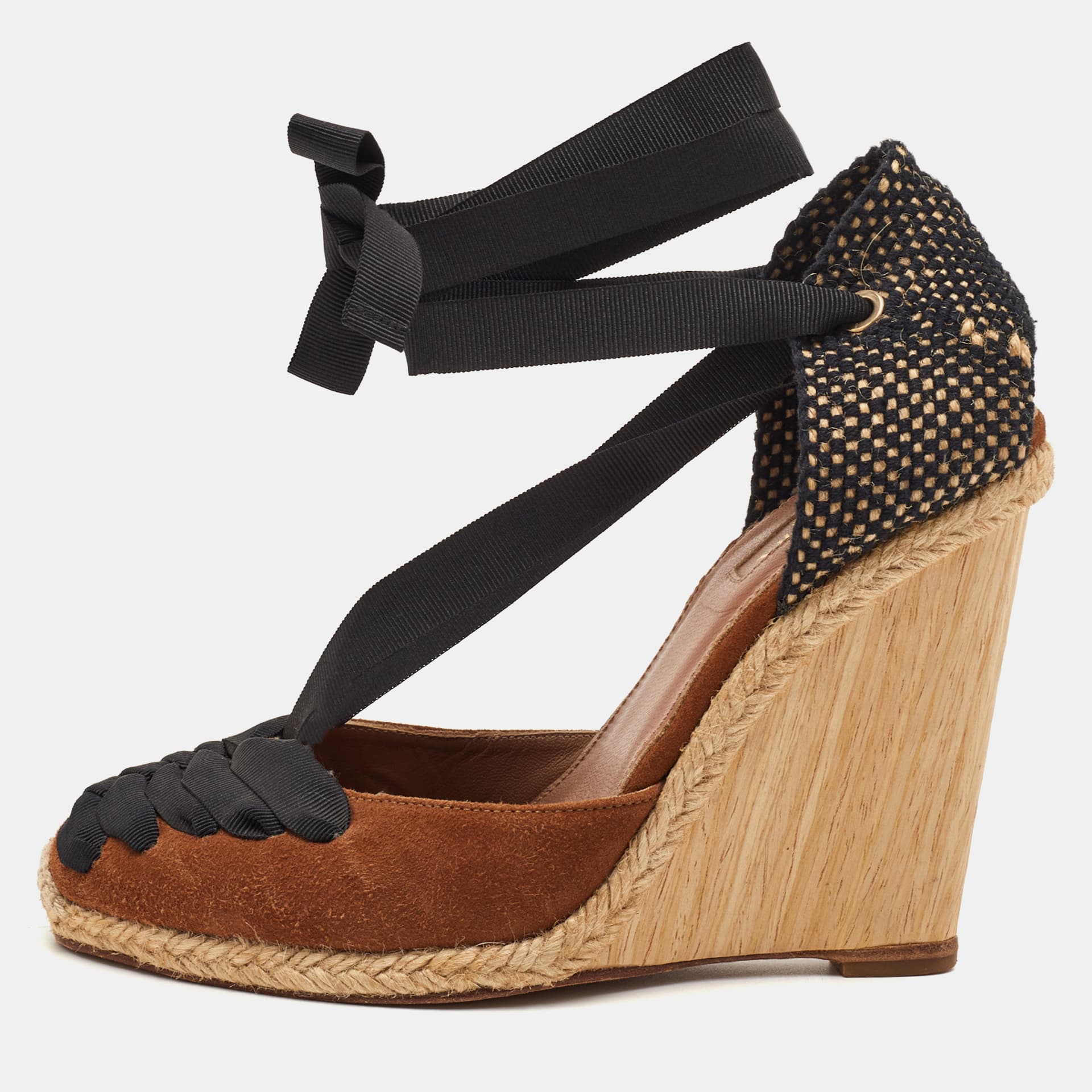 Aquazzura Malibu Size 36 Brown/Black Suede and Woven Fabric Wedge Espadrille Sandals