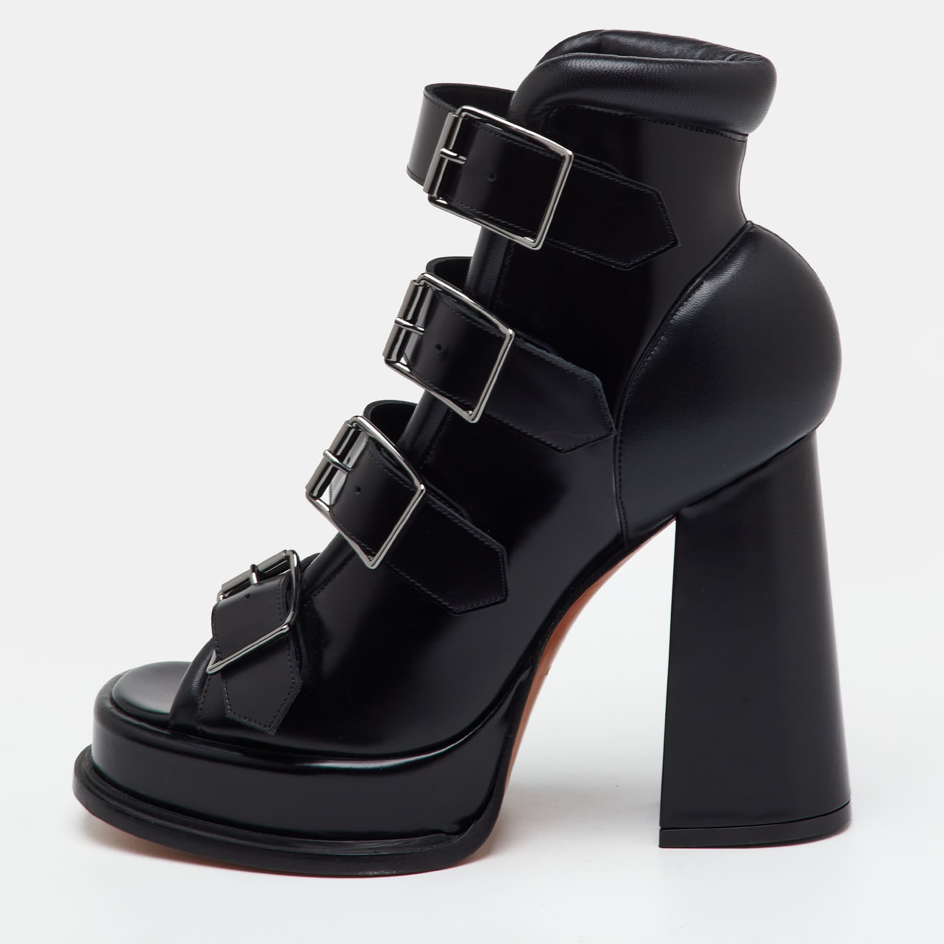 Alexander McQueen Rave Buckle Size 36.5 Black Leather Platform Ankle Length Boots