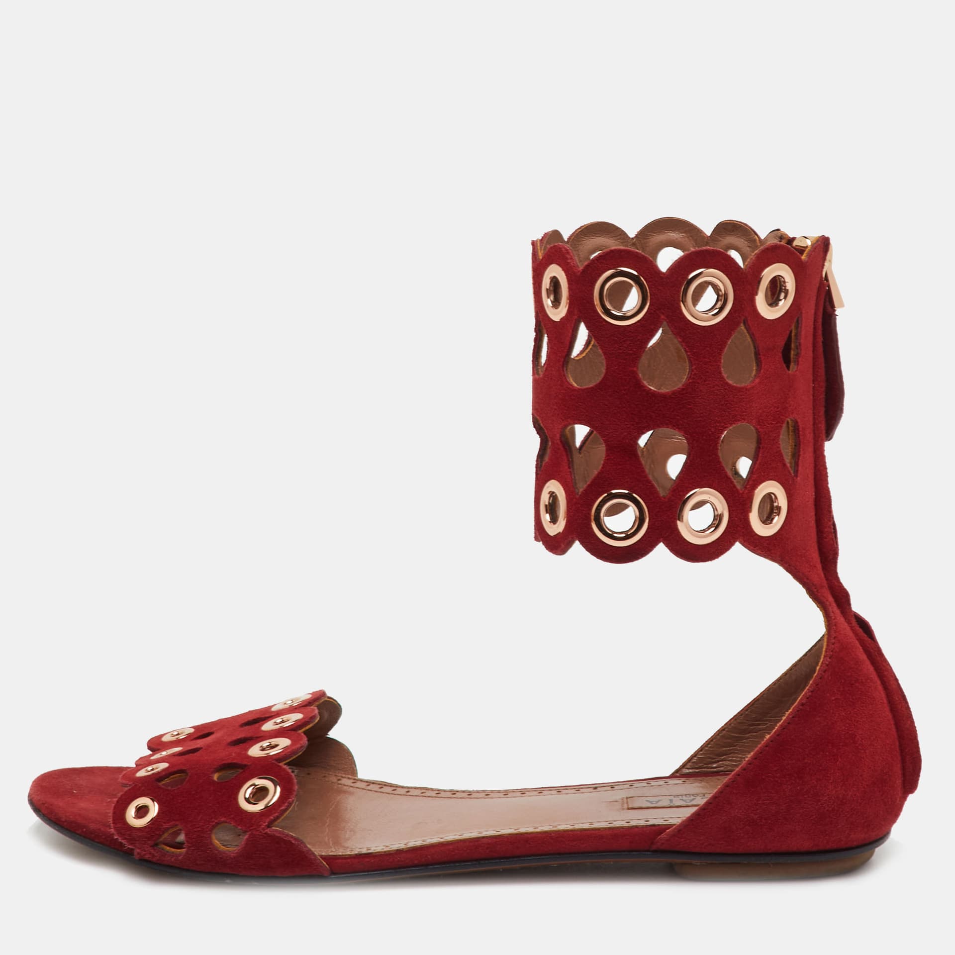 Alaia Size 36 Red Cut-Out Suede Eyelet Embellished Ankle Cuff Flats